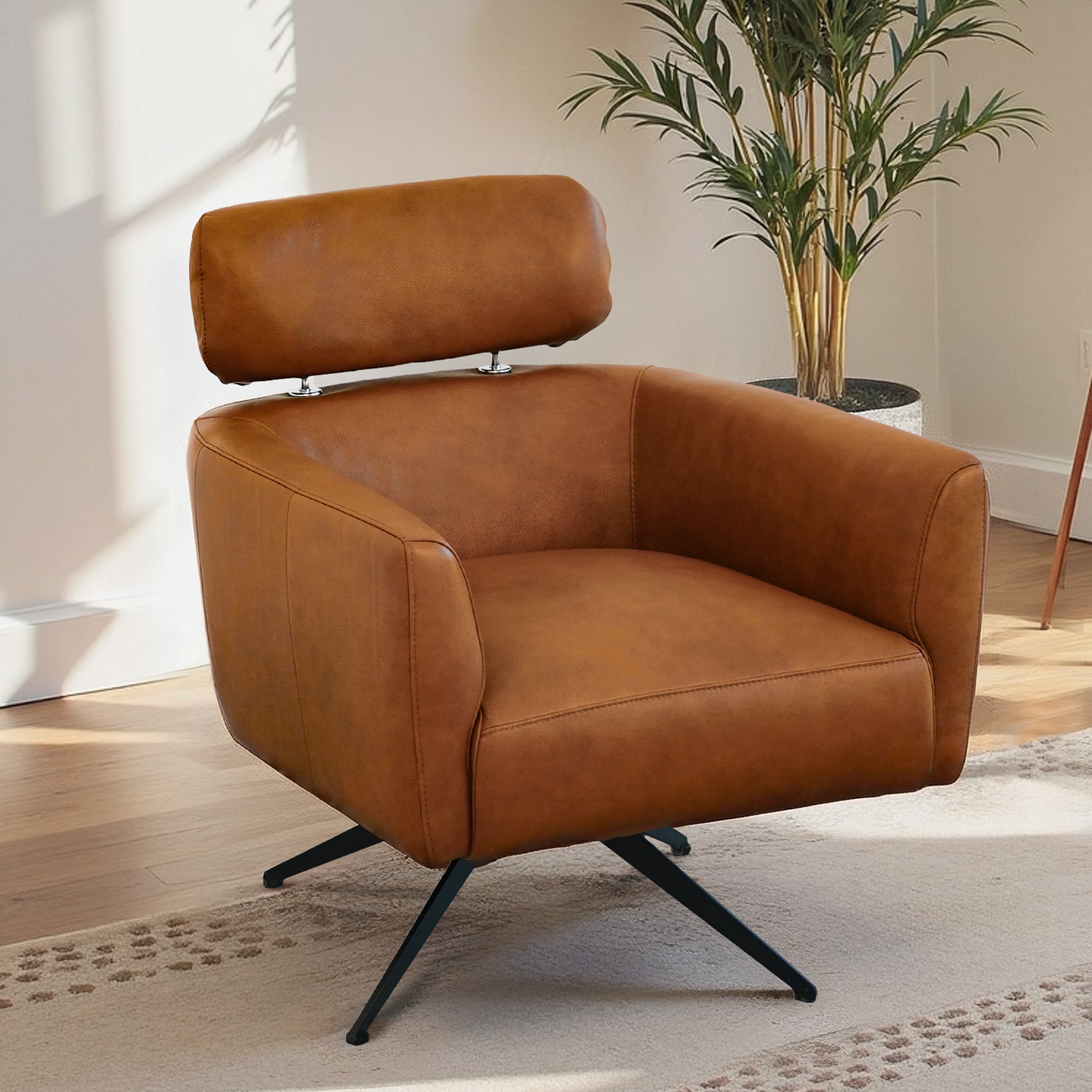 Megy Mid-Century Modern Genuine Leather Swivel Chair - New York Modern Furniture