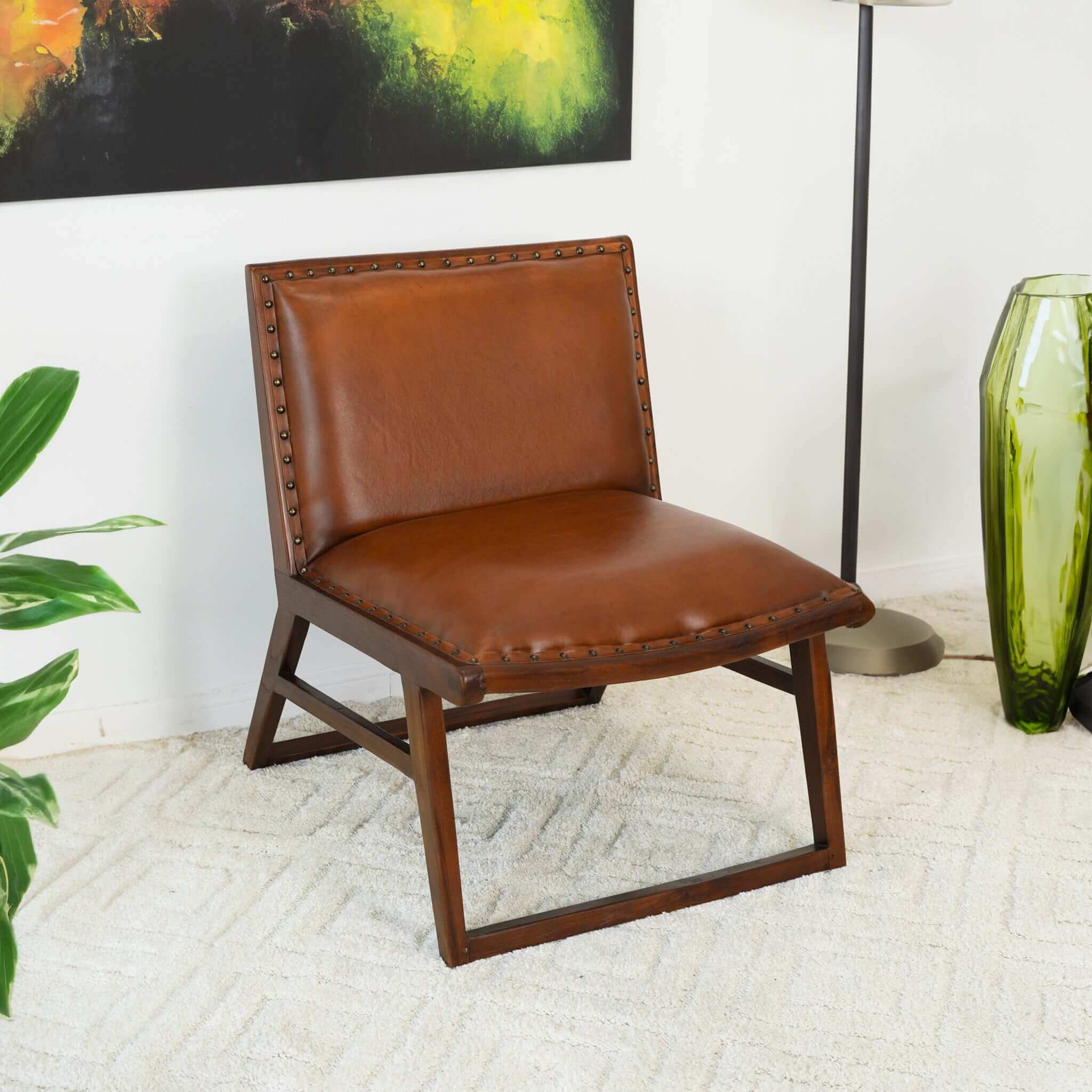 Poka Solid Teak & Tan Genuine Leather Lounge Chair | New York Modern Furniture