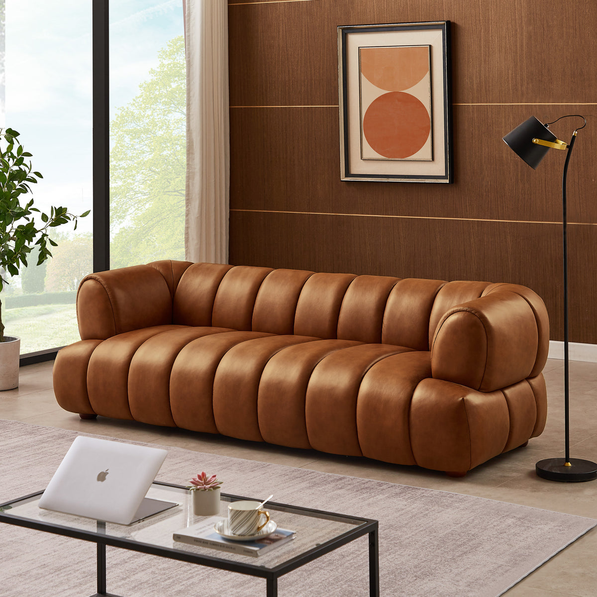 Dorien Cognac Top-Grain Leather Sofa | Contemporary Modern 3-Seater Couch | New York Modern Furniture