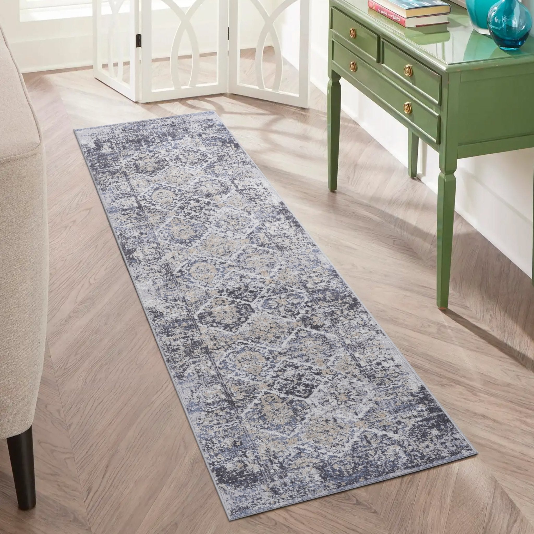 Payas Grey - Blue Runner Rug Size 2'2'' x 8'