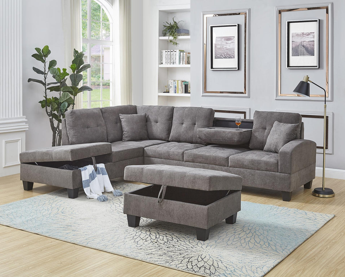 Gray Fabric 2-Piece Sectional with Ottoman