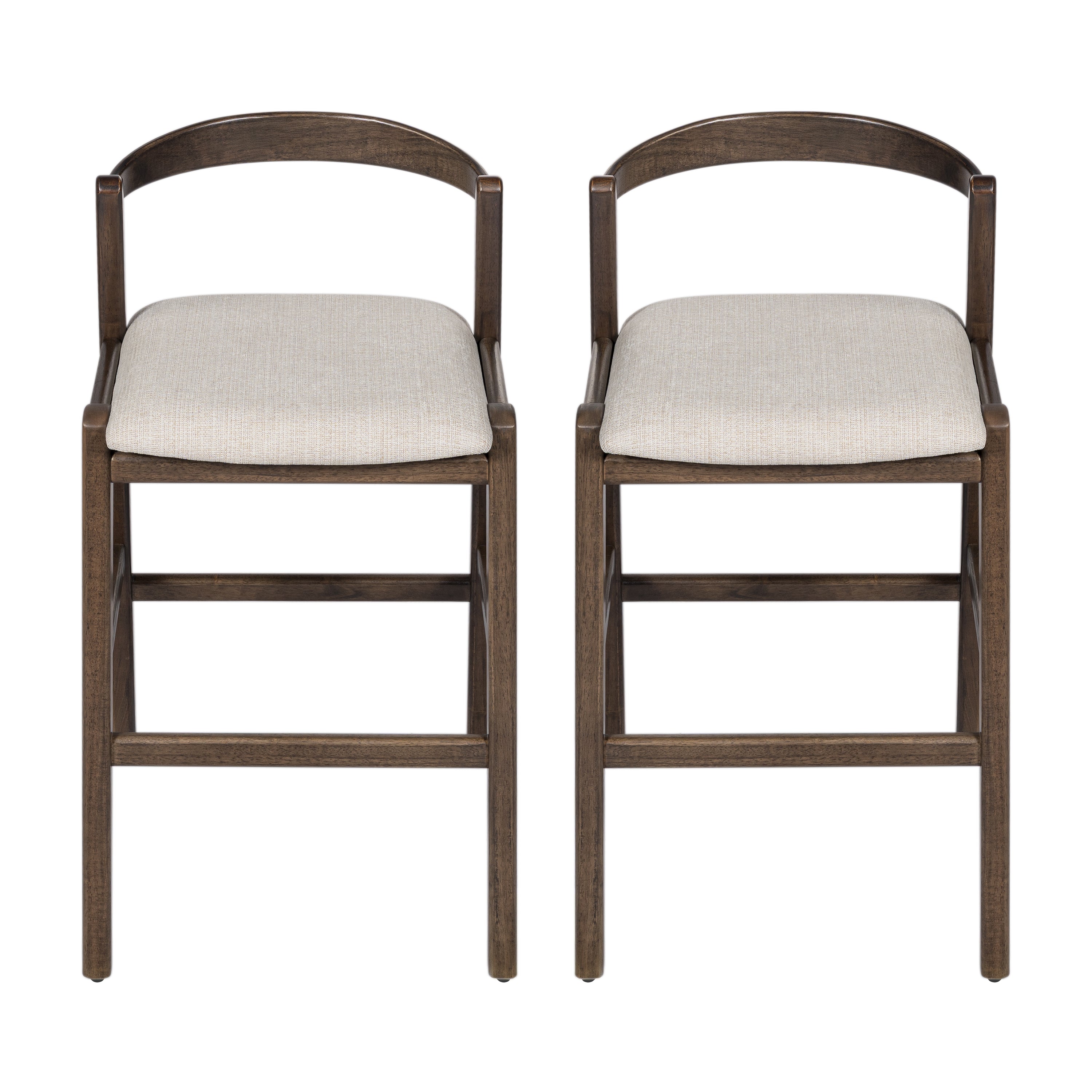 Balmain Indoor Rubberwood Barstool, Dark Brown Finished and Beige Upholstery, Set of 2