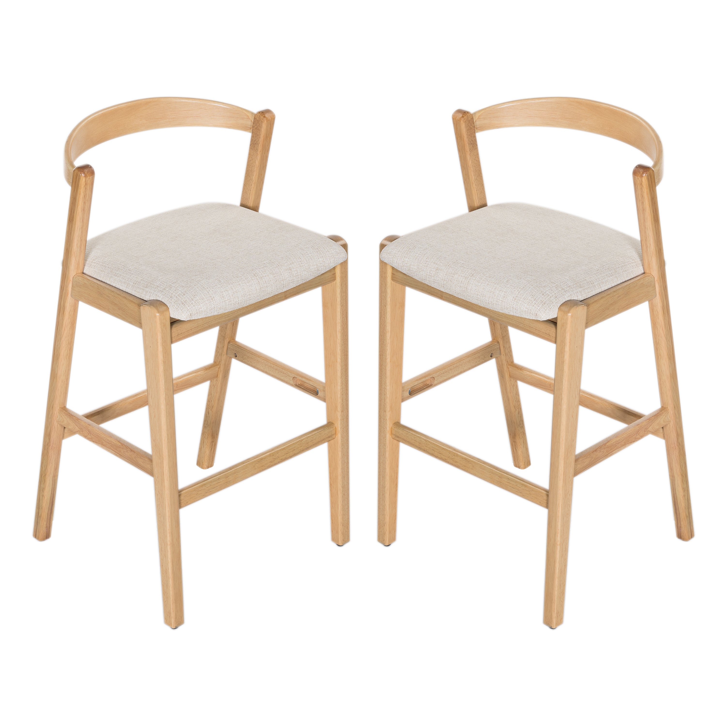 Balmain Indoor Rubberwood Barstool, Natural Finished and Beige Upholstery, Set of 2