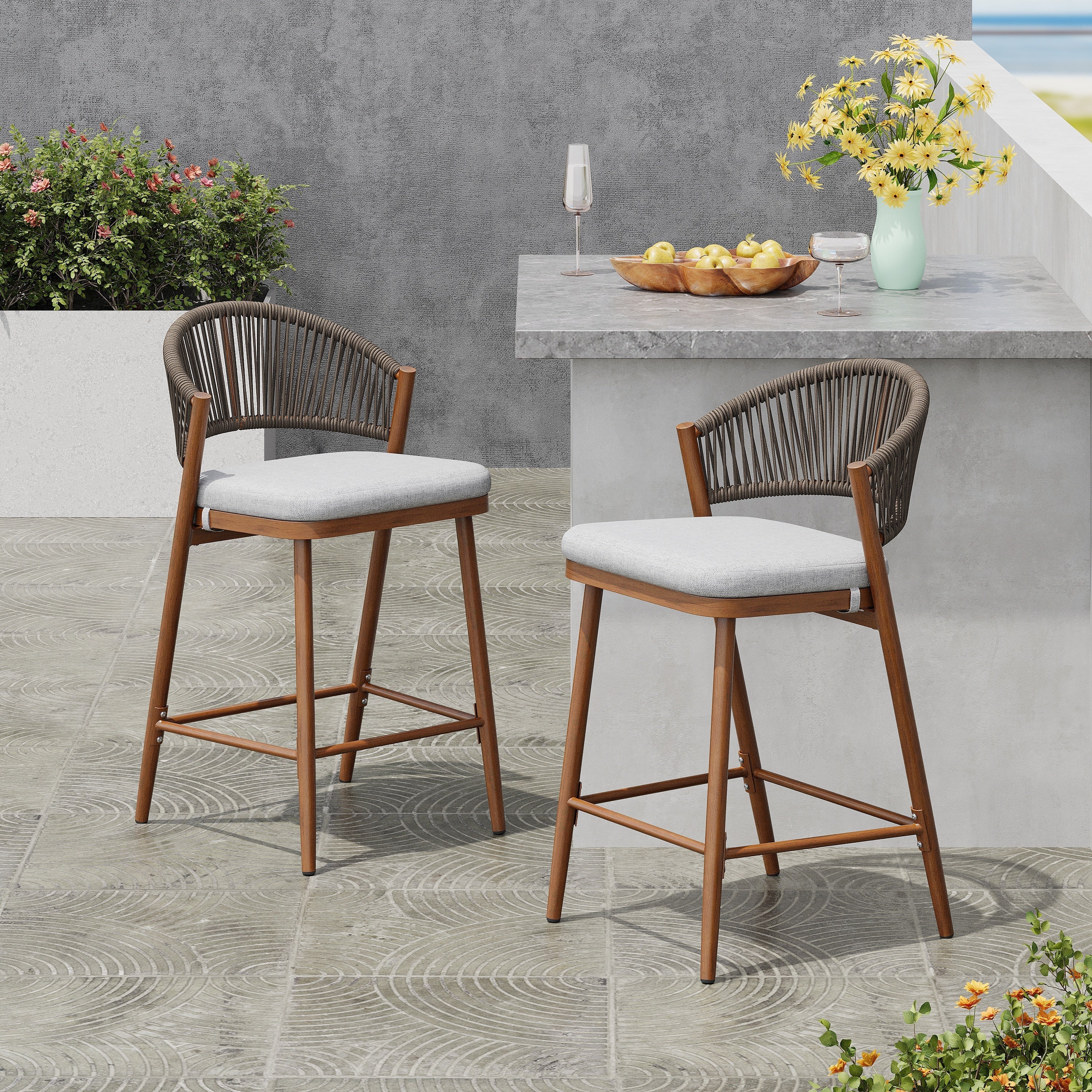 Outdoor Counter Stool Set Water-Resistant Cushions - Teak