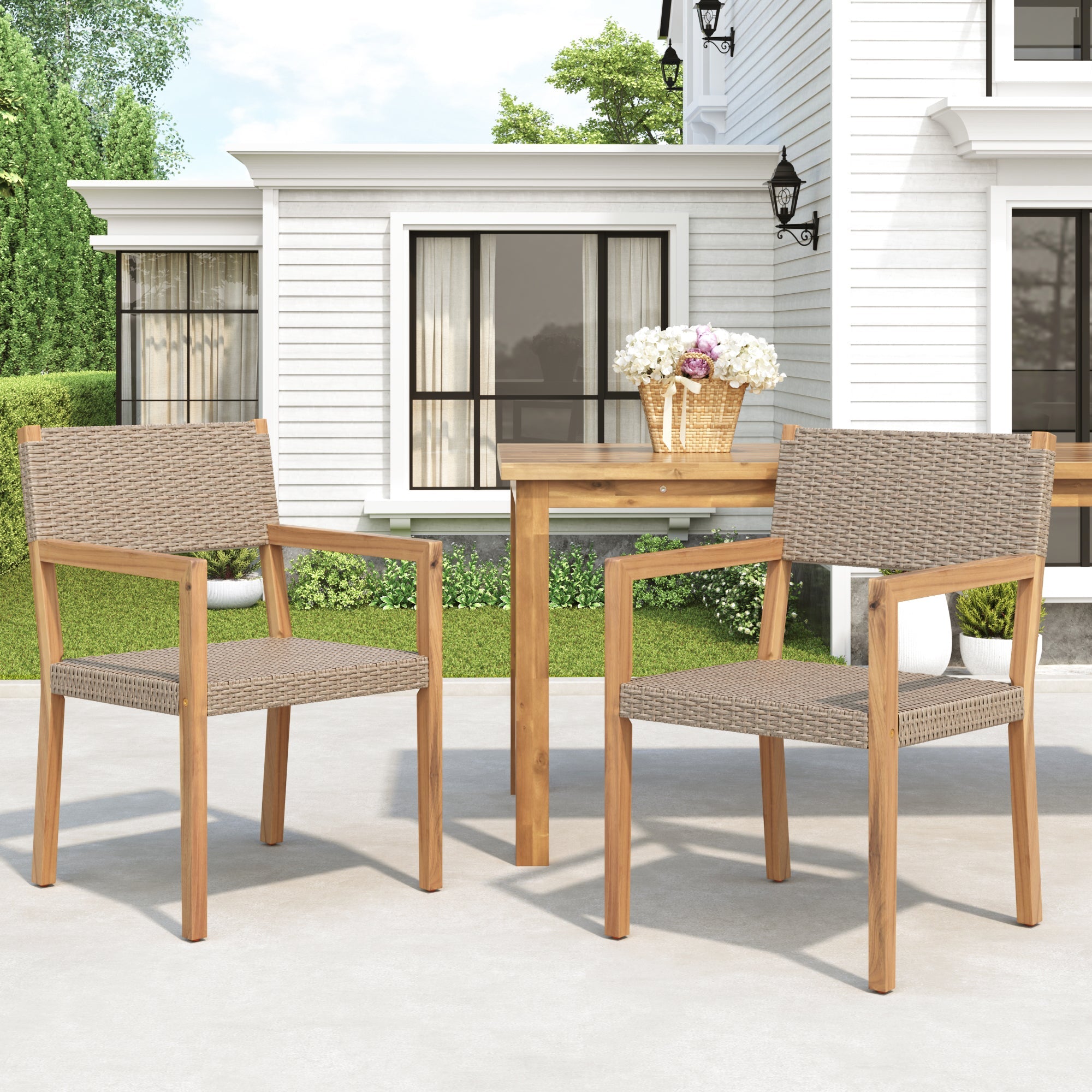 Outdoor Dining Chair Set Rattan Frame - Light Brown