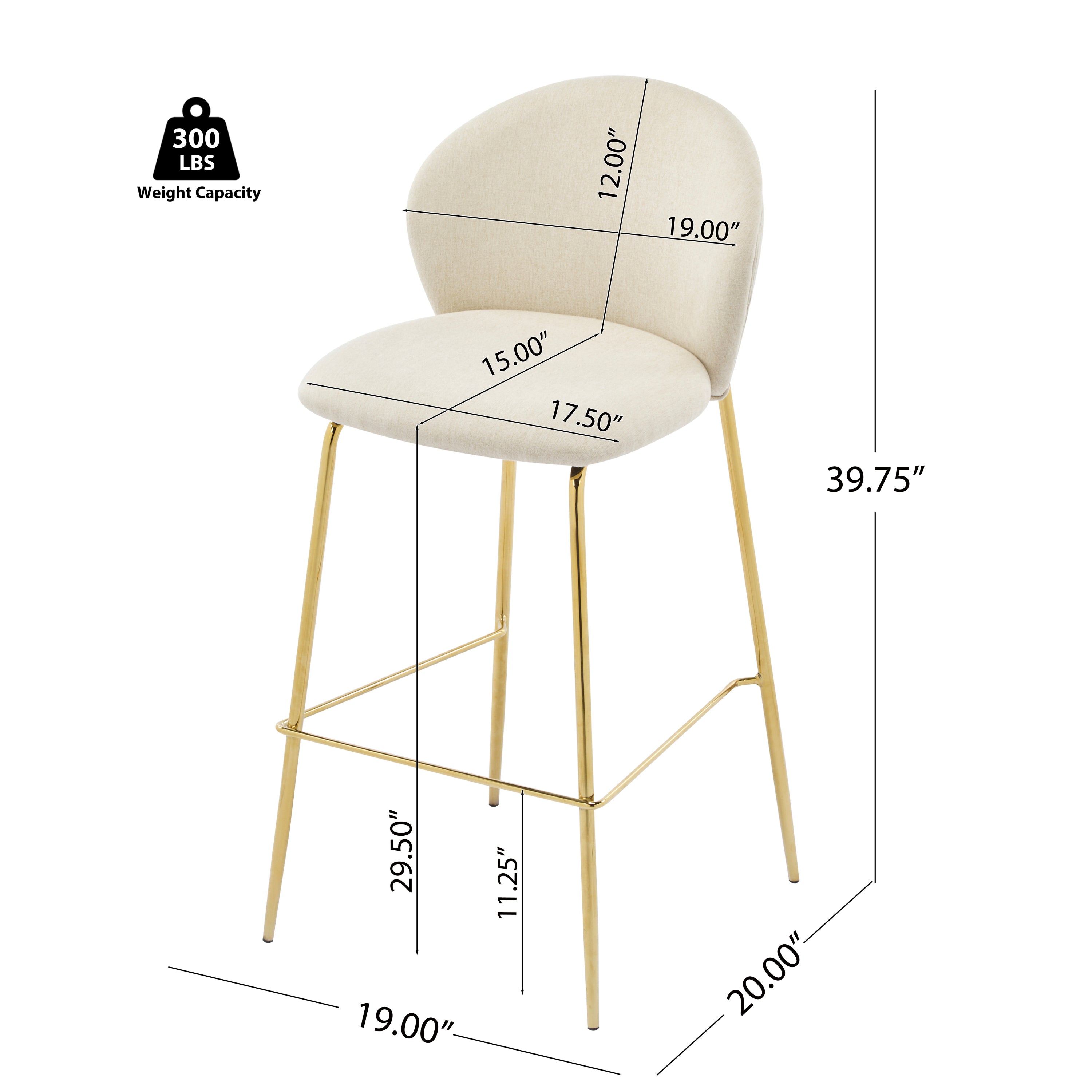 Kira Indoor Upholstered Bar Stool Set of 2, Beige Fabric with Metal Frame and Gilded Legs