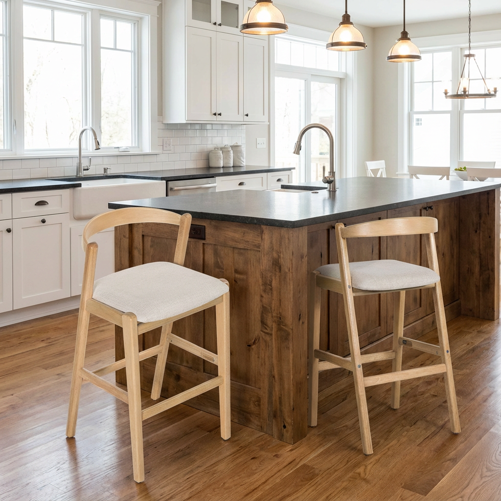 Balmain Indoor Rubberwood Barstool, Natural Finished and Beige Upholstery, Set of 2