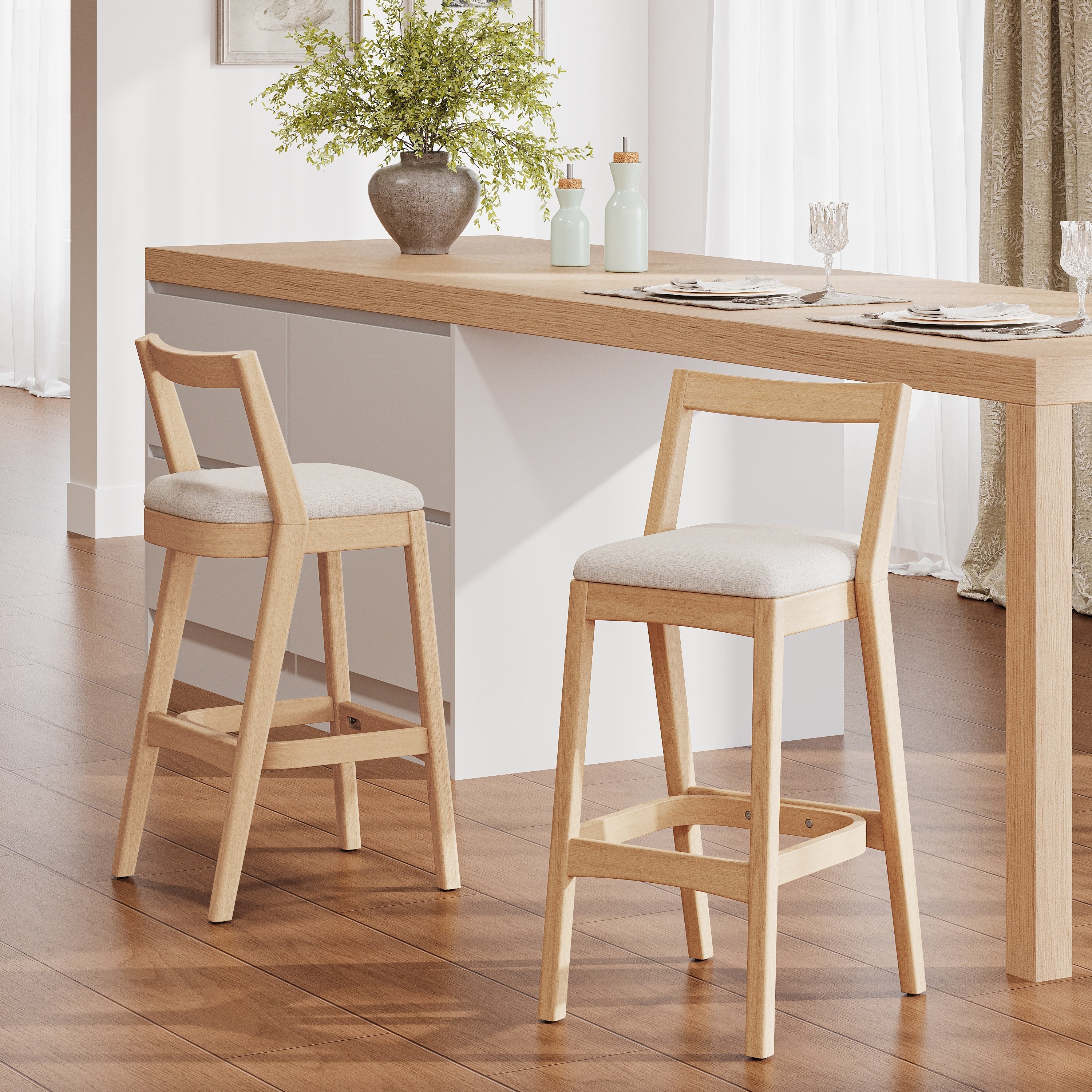 Jasper Indoor Rubberwood Barstool with Beige Upholstery, Natural Finish, Set of 2
