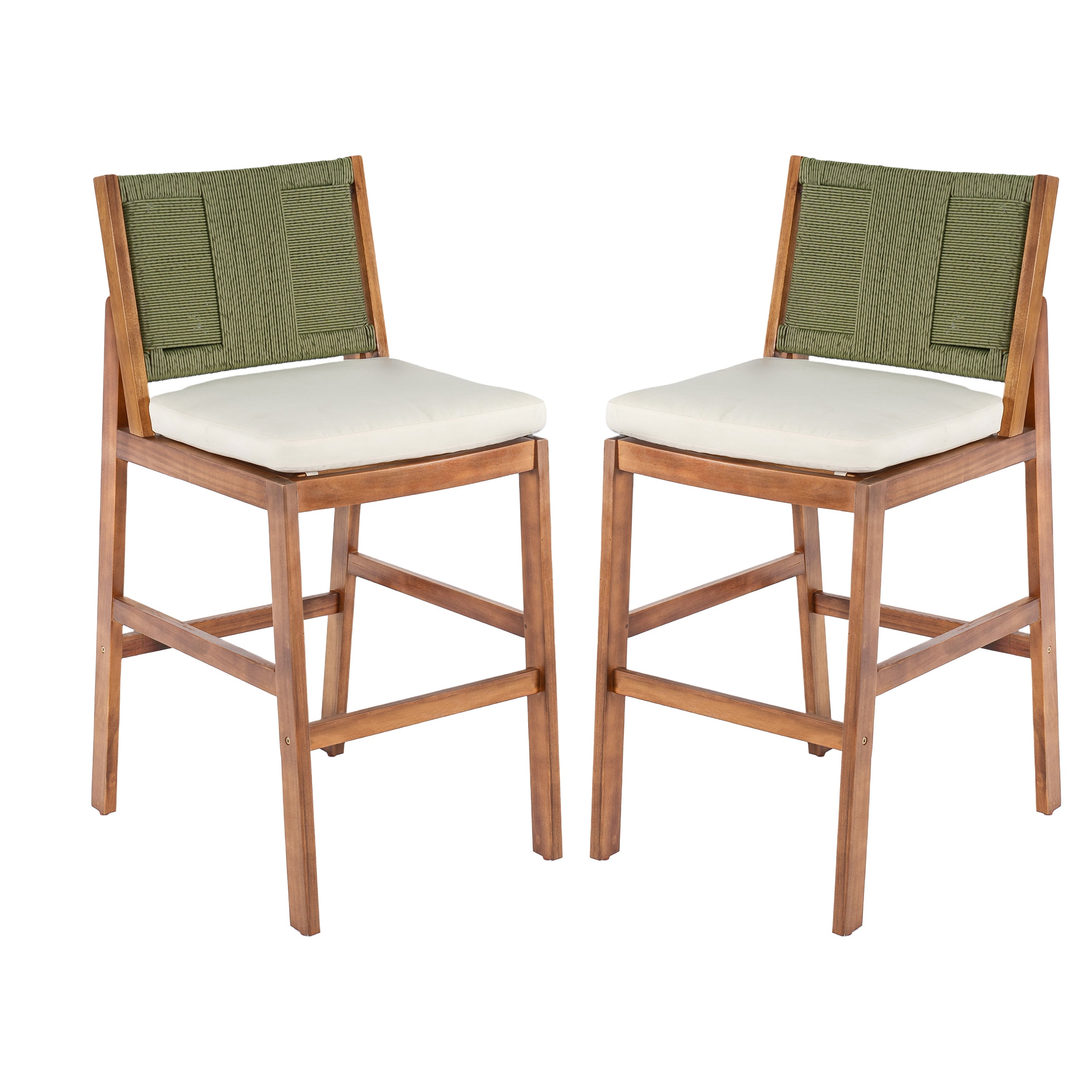 Outdoor Bar Stool Cushioned Seating Set of 2 - Teak