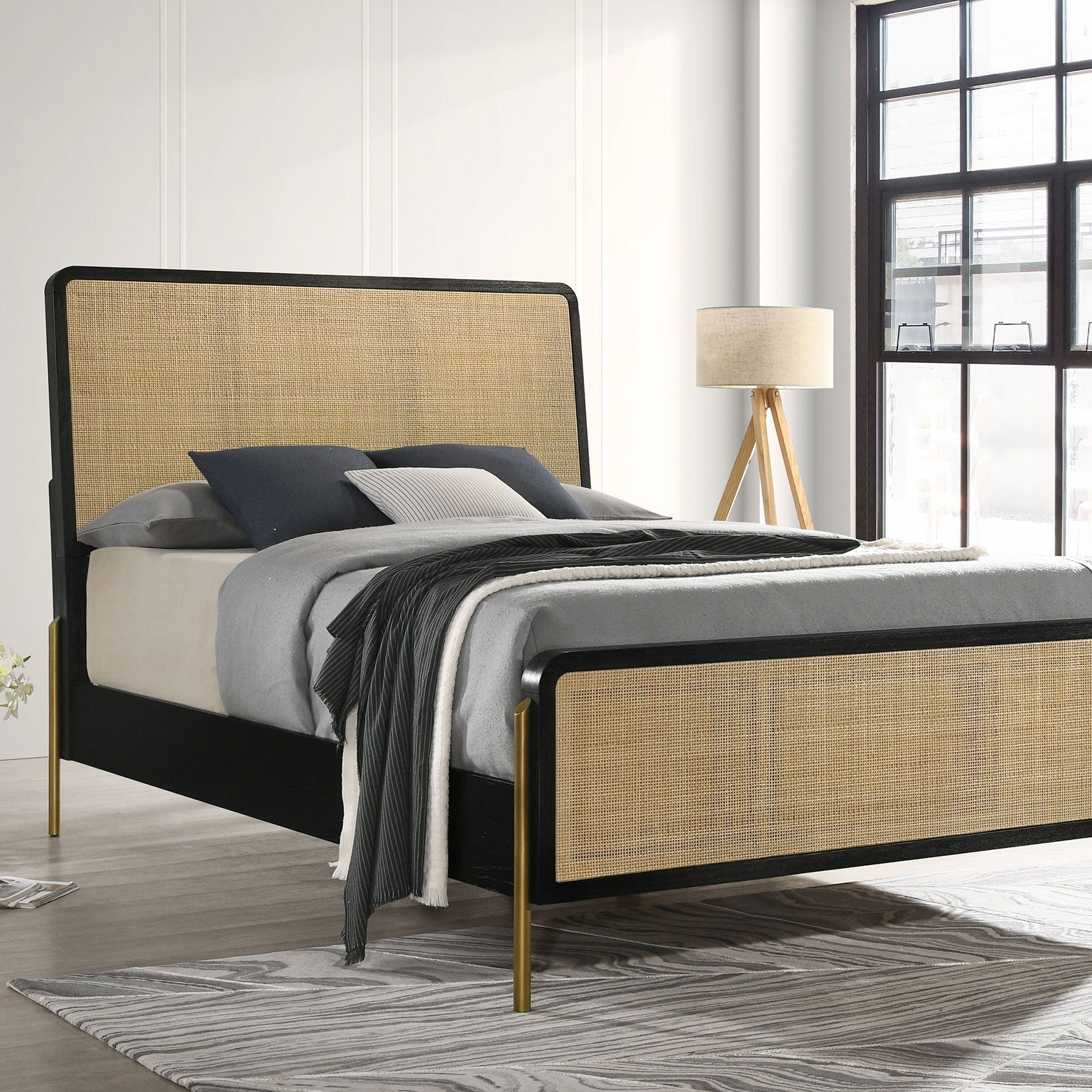 Arini Rattan Panel Bed Black and Natural