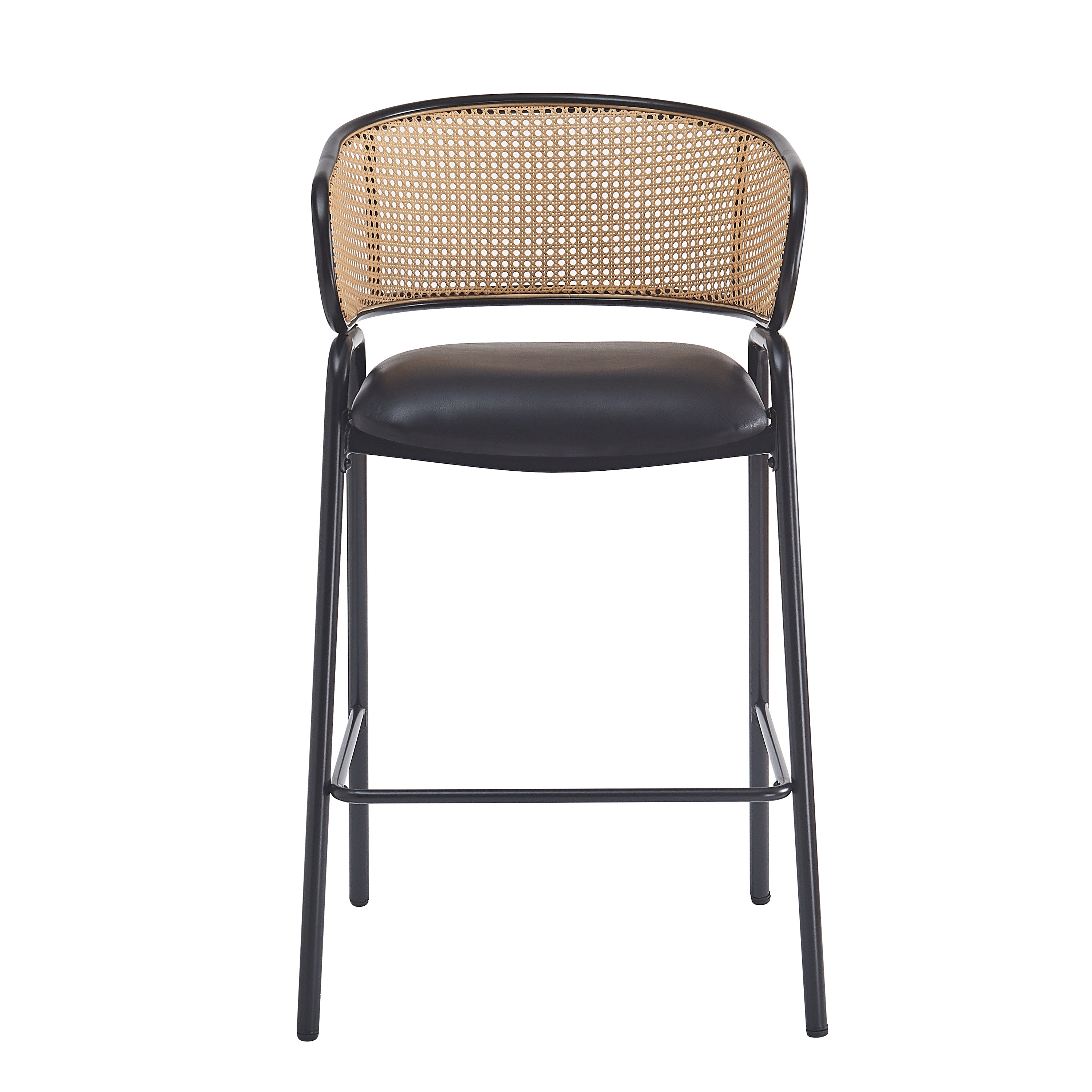 Ethan Indoor Metal Upholstered Barstool, Faux Leather Seat With Wowen Rattan Decorated Backrest, Set of 2