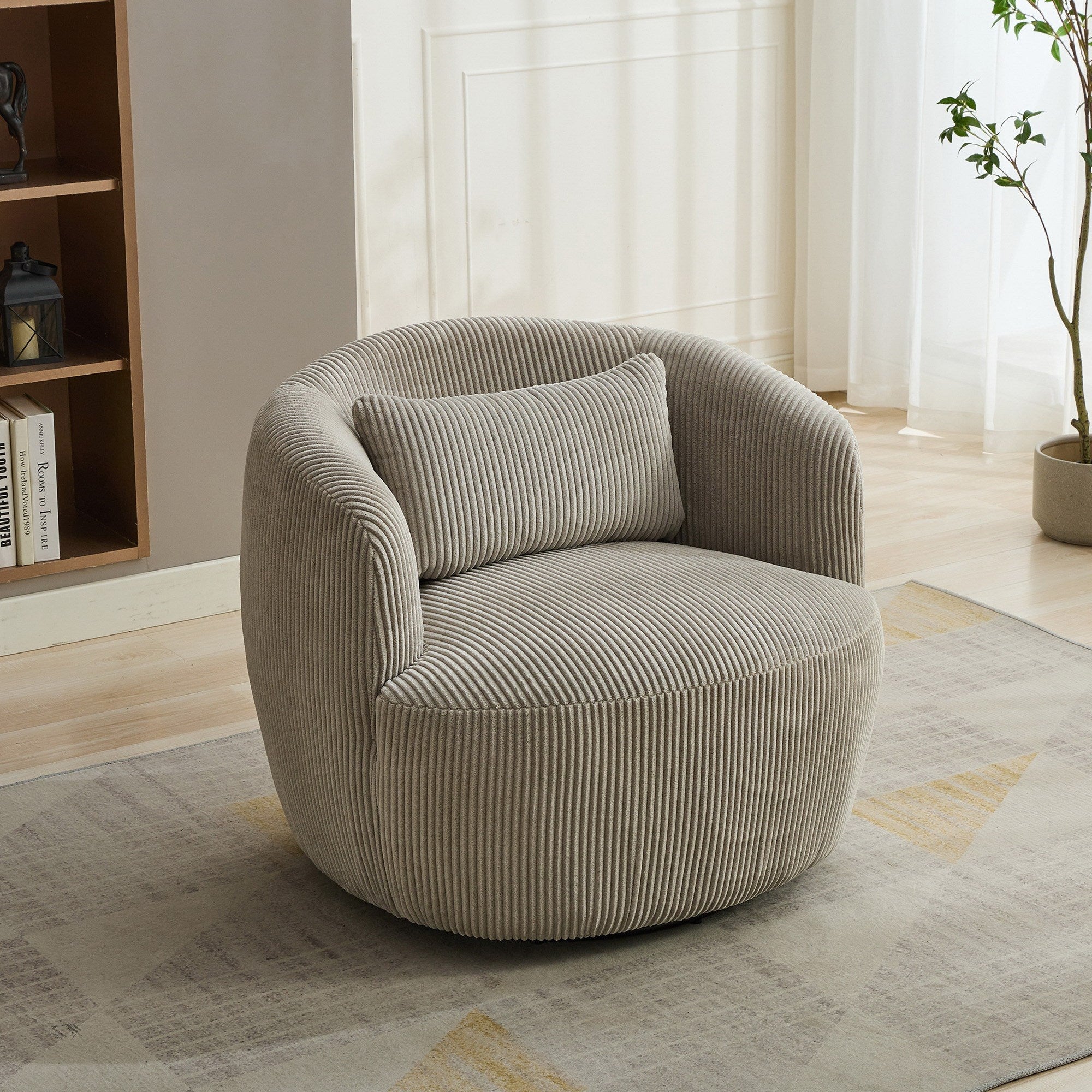 Brunswick Corduroy Upholstered 360° Metal Base Swivel Barrel Chair with Pillow