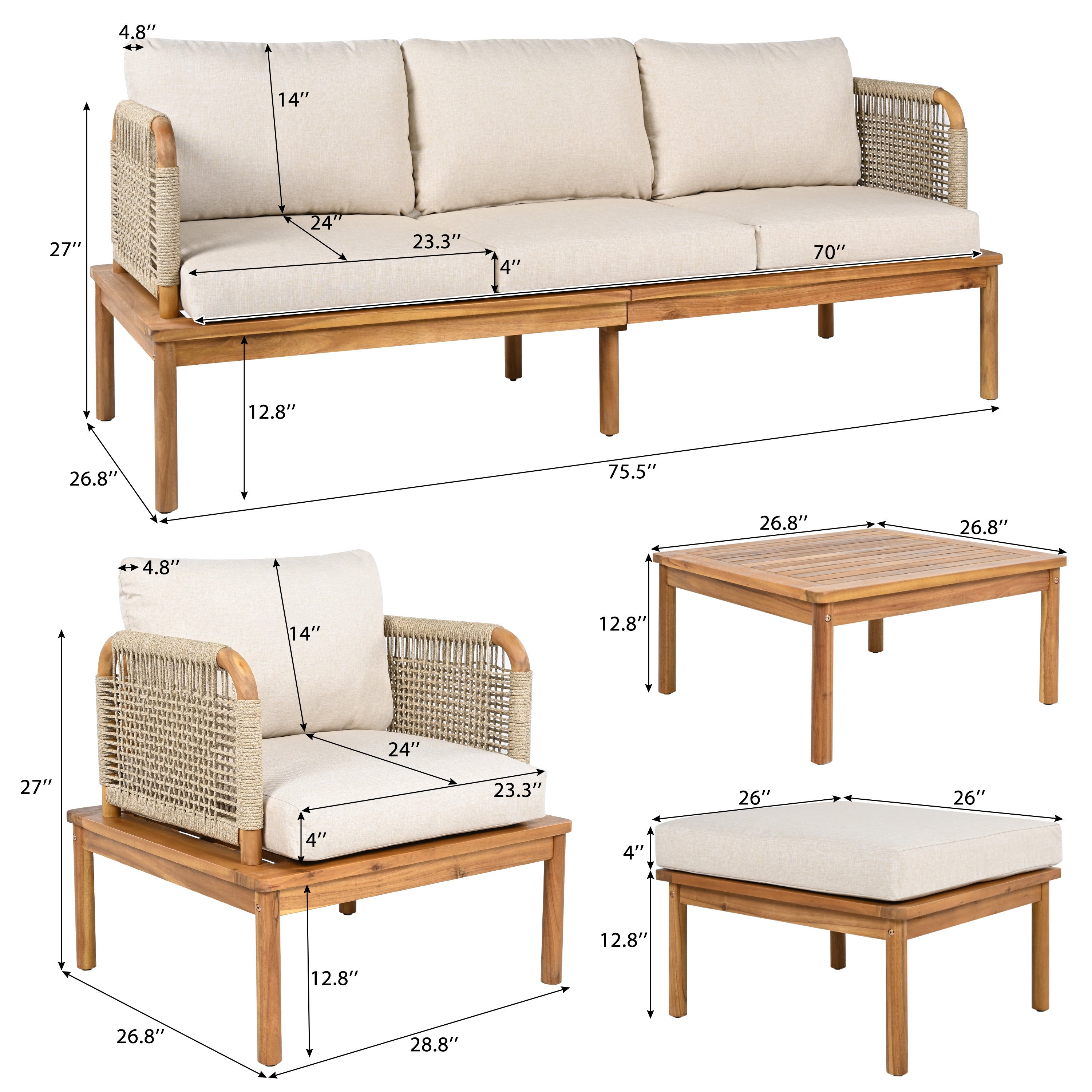 Outdoor Sofa Set Rope Detail 5-Piece