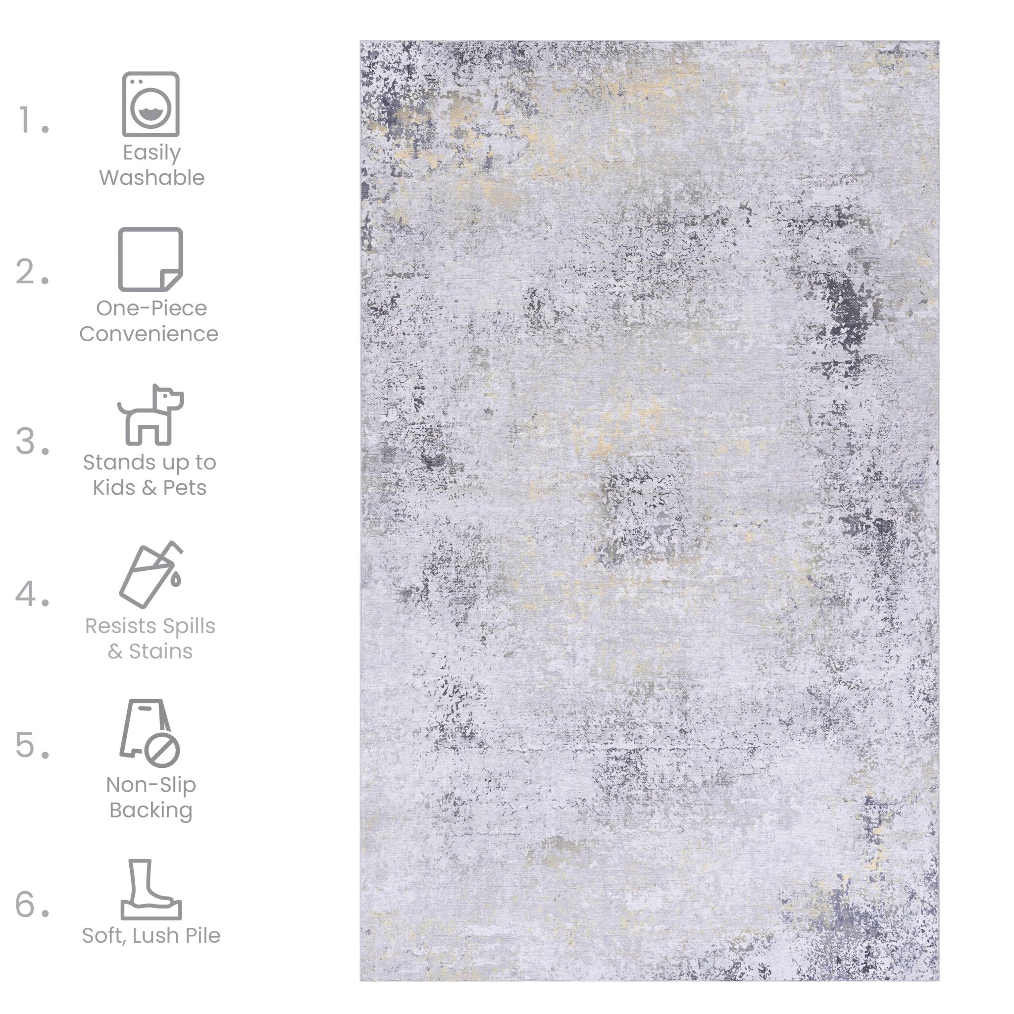 Layla 2' x 3' Gray/Gold Machine Washable Low-Pile, Non-Slip, Non-Shedding, Foldable, Kid & Pet Friendly Area Rug