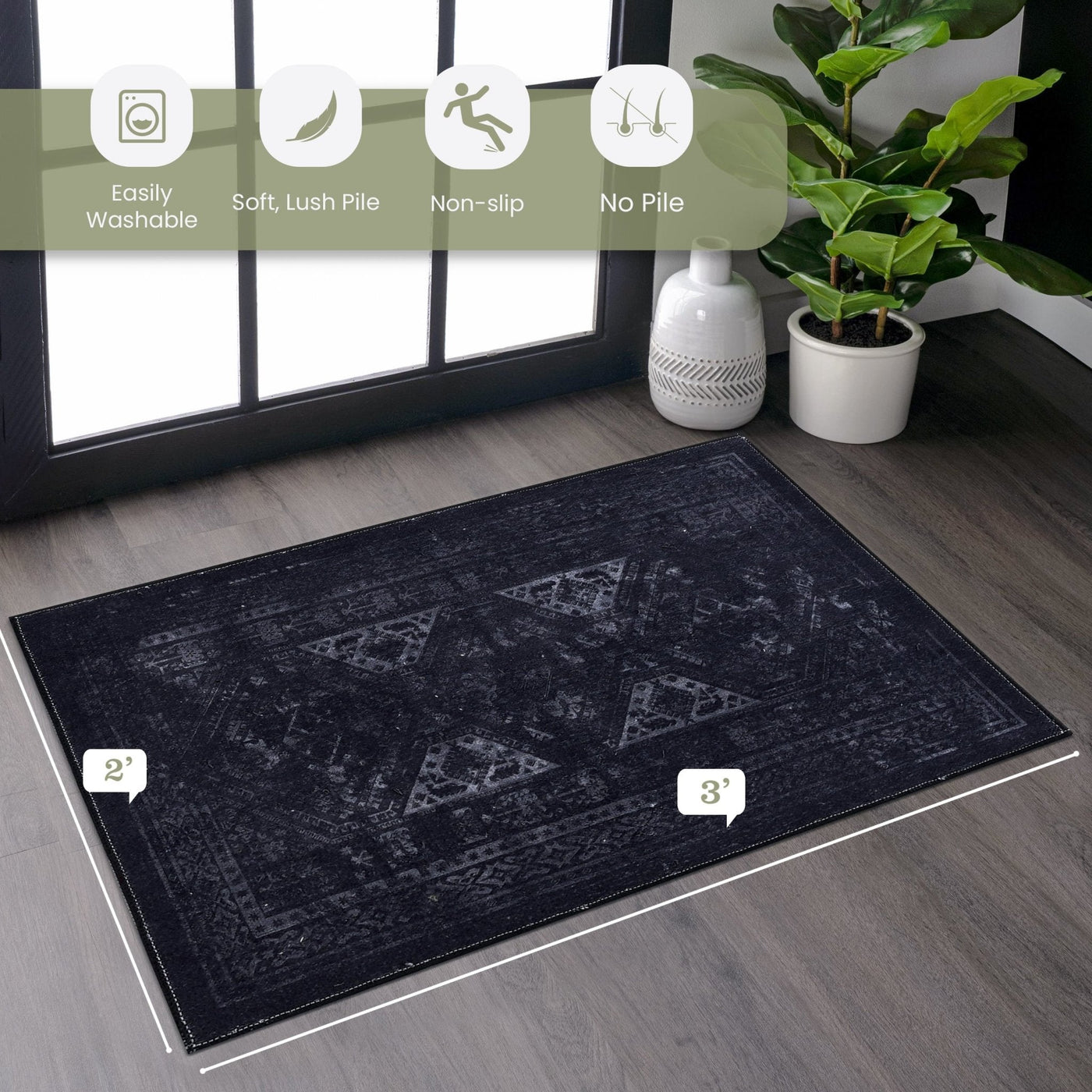 Kaden 2' x 3' Black/Gray Machine Washable Low-Pile, Non-Slip, Non-Shedding, Foldable, Kid & Pet Friendly Area Rug