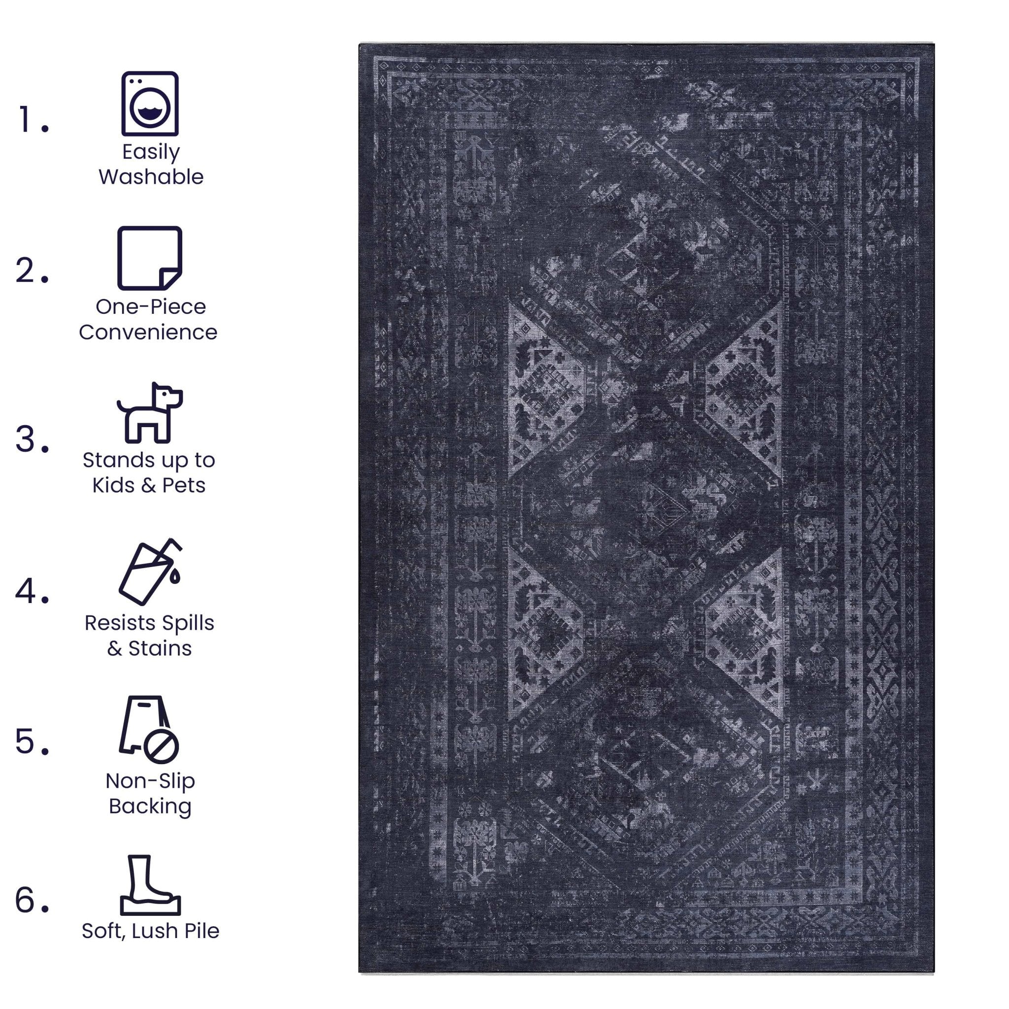 Kaden 6' x 9' Black/Gray Machine Washable Low-Pile, Non-Slip, Non-Shedding, Foldable, Kid & Pet Friendly Area Rug