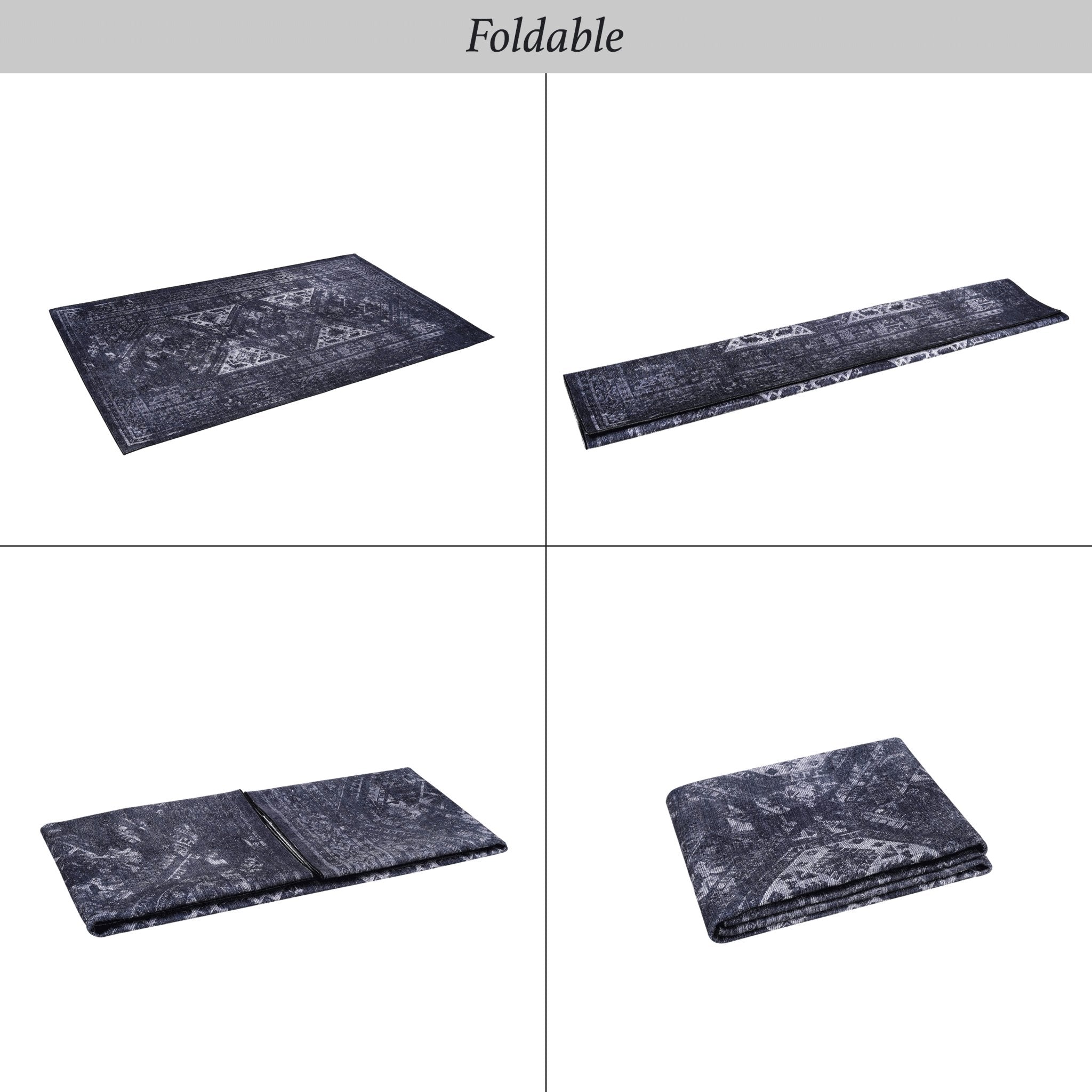 Kaden 4' x 6' Black/Gray Machine Washable Low-Pile, Non-Slip, Non-Shedding, Foldable, Kid & Pet Friendly Area Rug