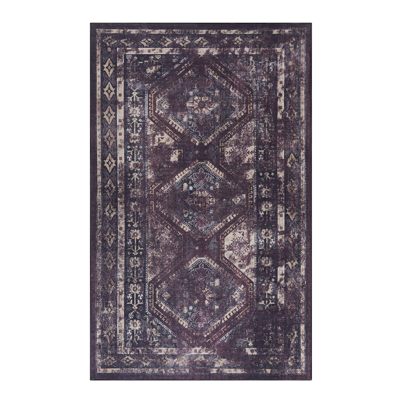Kaden 2'6'' x 10' Burgundy/Black Machine Washable Low-Pile, Non-Slip, Non-Shedding, Foldable, Kid & Pet Friendly Area Rug