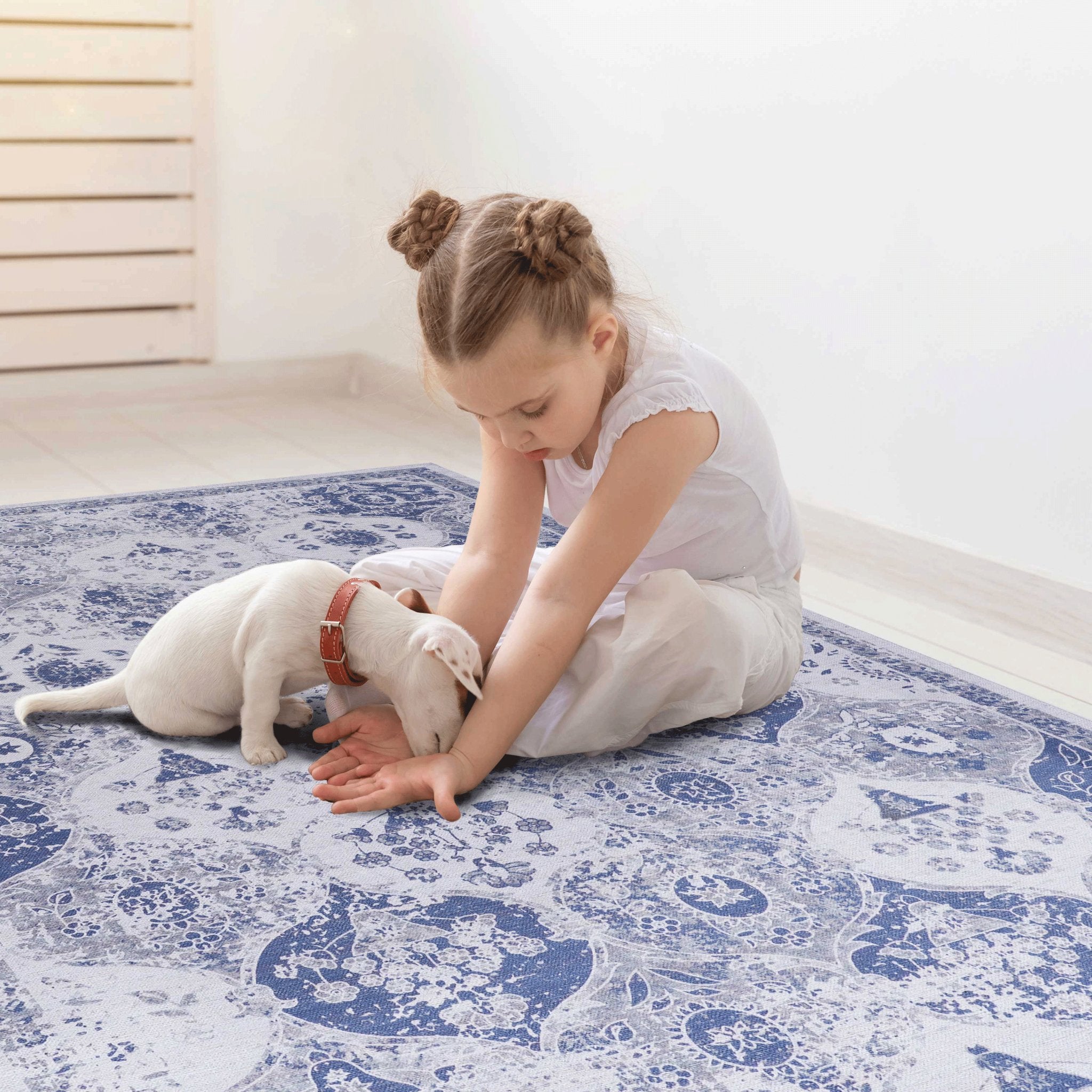 Rigo 9' x 12' Blue/ Machine Washable Low-Pile, Non-Slip, Non-Shedding, Foldable, Kid & Pet Friendly Area Rug