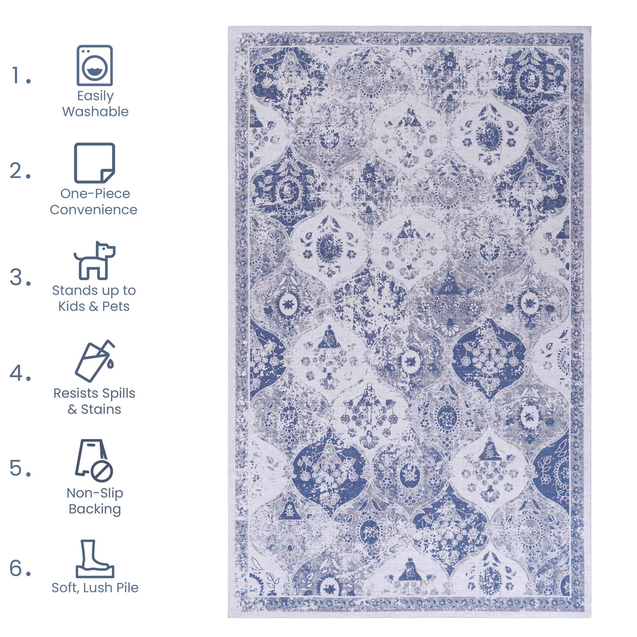 Rigo 8' x 10' Blue/ Machine Washable Low-Pile, Non-Slip, Non-Shedding, Foldable, Kid & Pet Friendly Area Rug