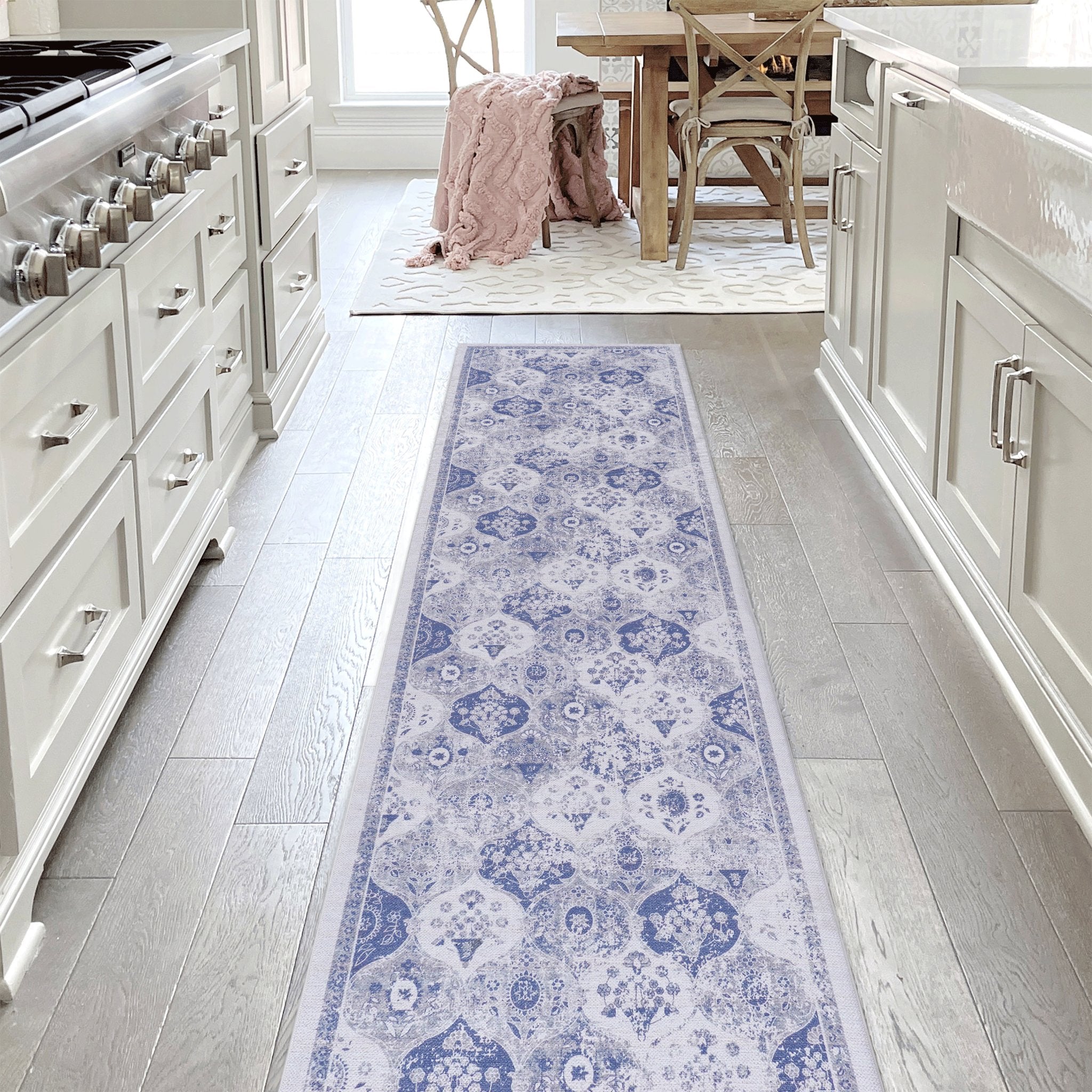 Rigo 2'6'' x 10' Blue/ Machine Washable Low-Pile, Non-Slip, Non-Shedding, Foldable, Kid & Pet Friendly Area Rug