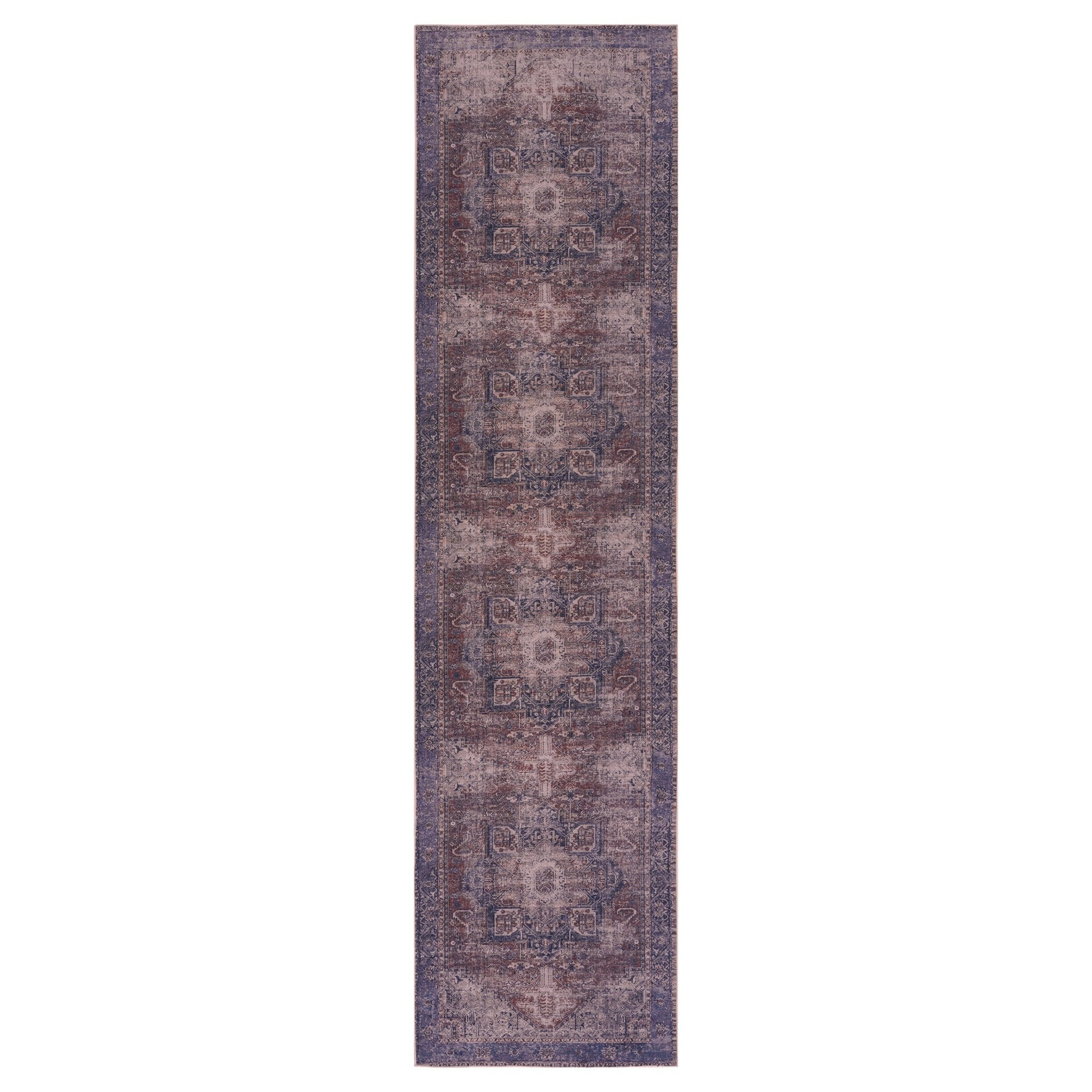 Elko 2'6'' x 10' Burgundy/Blue Machine Washable Low-Pile, Non-Slip, Non-Shedding, Foldable, Kid & Pet Friendly Area Rug