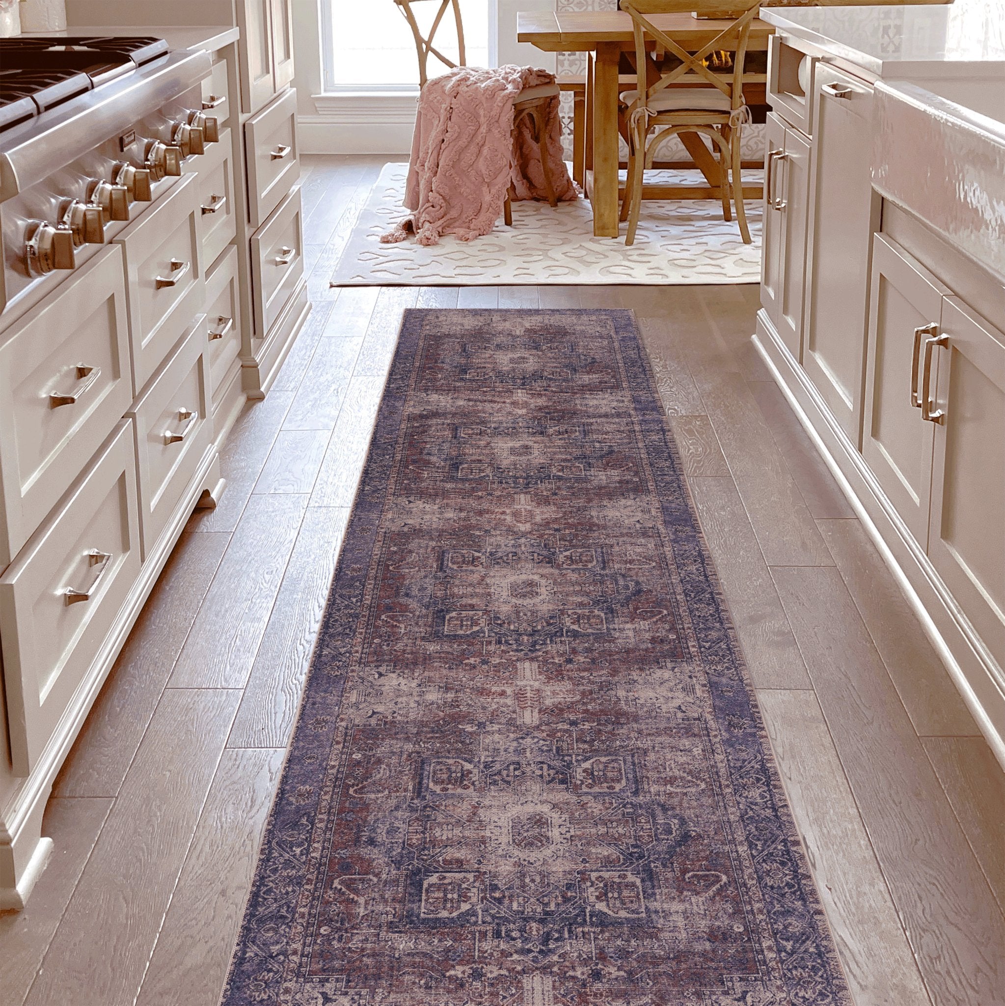 Elko 2'6'' x 10' Burgundy/Blue Machine Washable Low-Pile, Non-Slip, Non-Shedding, Foldable, Kid & Pet Friendly Area Rug