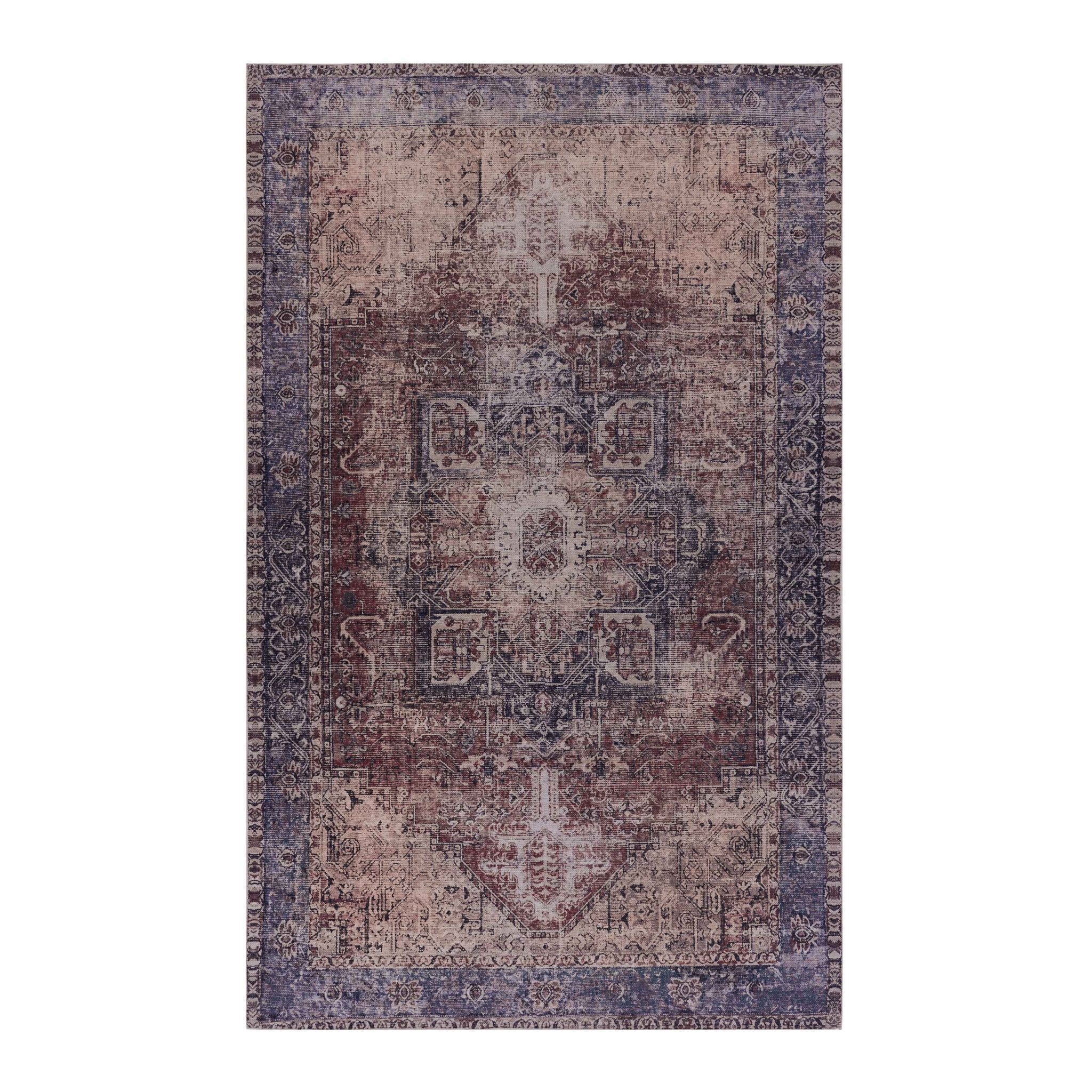 Elko 4' x 6' Burgundy/Blue Machine Washable Low-Pile, Non-Slip, Non-Shedding, Foldable, Kid & Pet Friendly Area Rug
