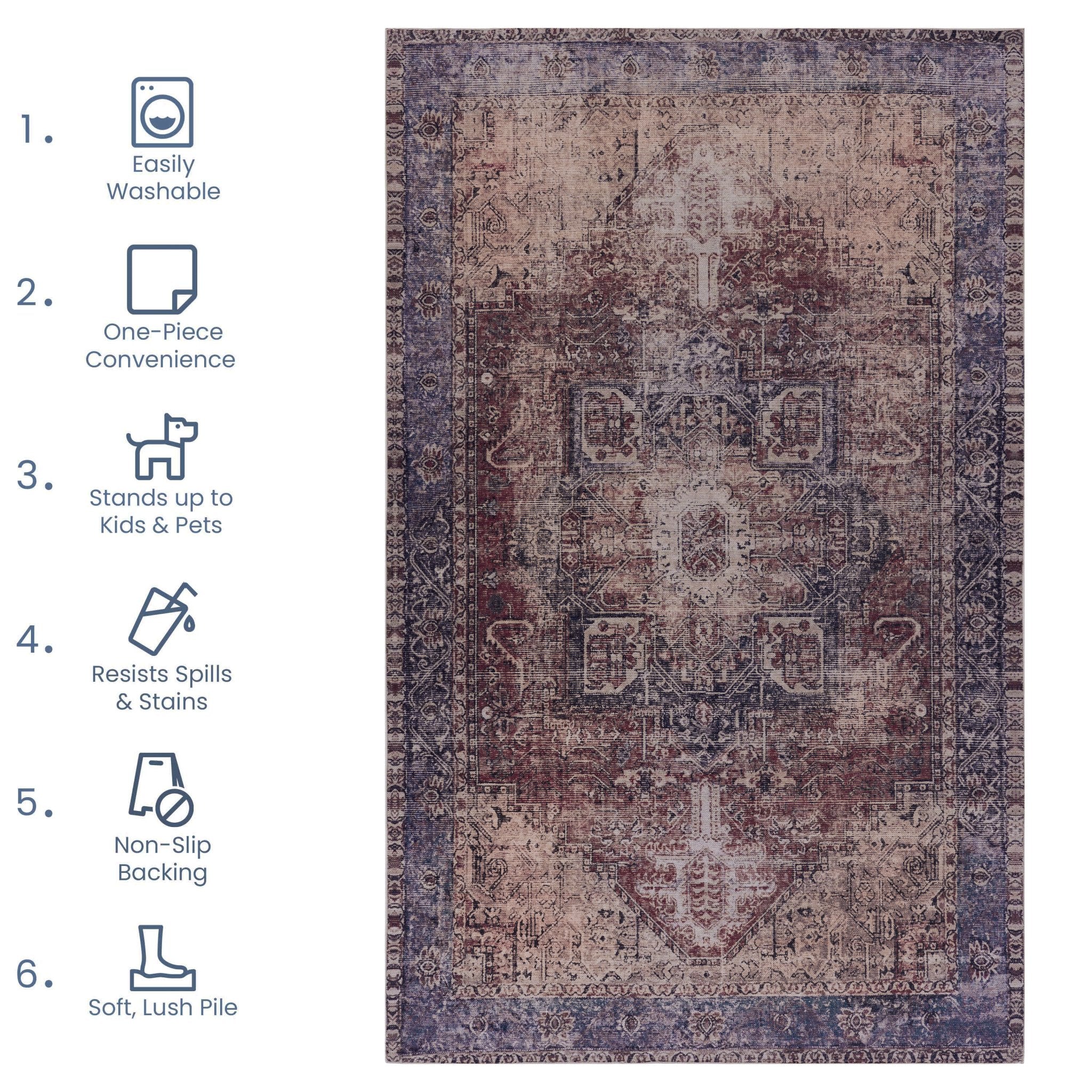 Elko 2'6'' x 10' Burgundy/Blue Machine Washable Low-Pile, Non-Slip, Non-Shedding, Foldable, Kid & Pet Friendly Area Rug