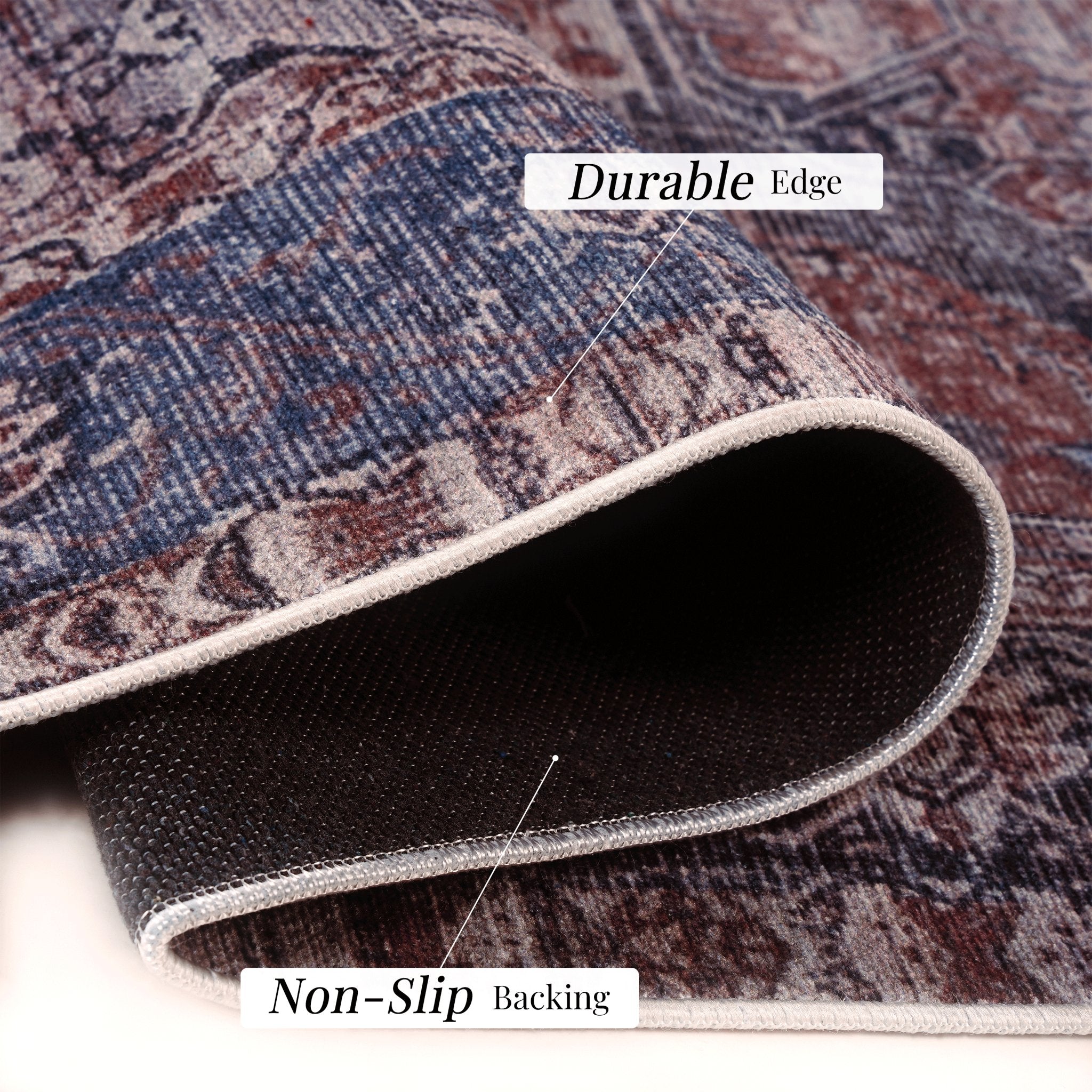 Elko 3' x 5' Burgundy/Blue Machine Washable Low-Pile, Non-Slip, Non-Shedding, Foldable, Kid & Pet Friendly Area Rug