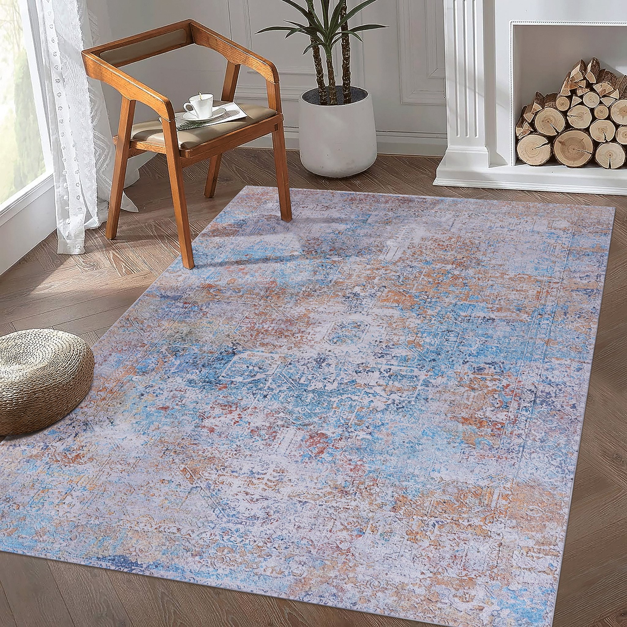 Elko 9' x 12' Yellow/Cream Machine Washable Low-Pile, Non-Slip, Non-Shedding, Foldable, Kid & Pet Friendly Area Rug