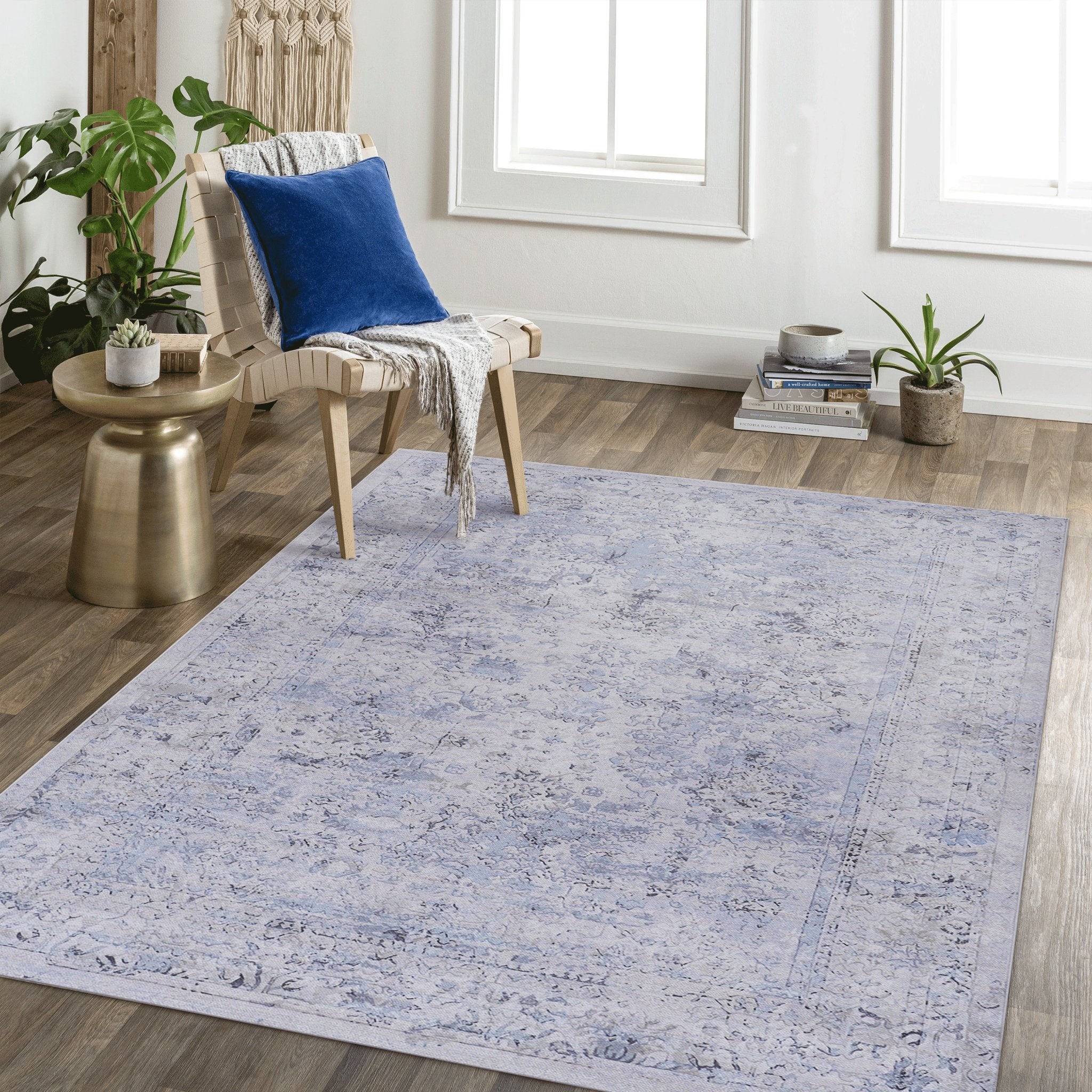 Colca 9' x 12' Blue/Cream Machine Washable Low-Pile, Non-Slip, Non-Shedding, Foldable, Kid & Pet Friendly Area Rug