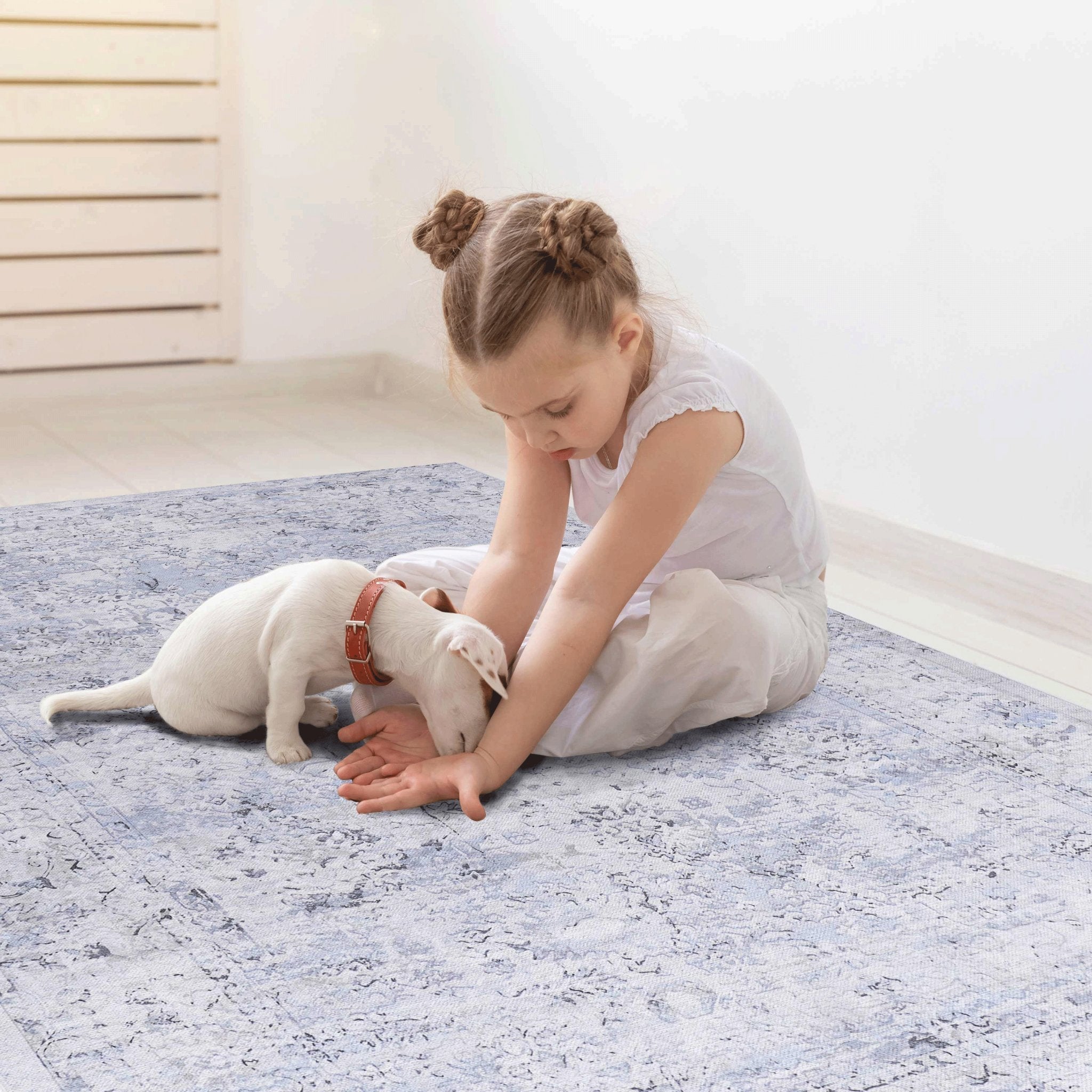 Colca 9' x 12' Blue/Cream Machine Washable Low-Pile, Non-Slip, Non-Shedding, Foldable, Kid & Pet Friendly Area Rug
