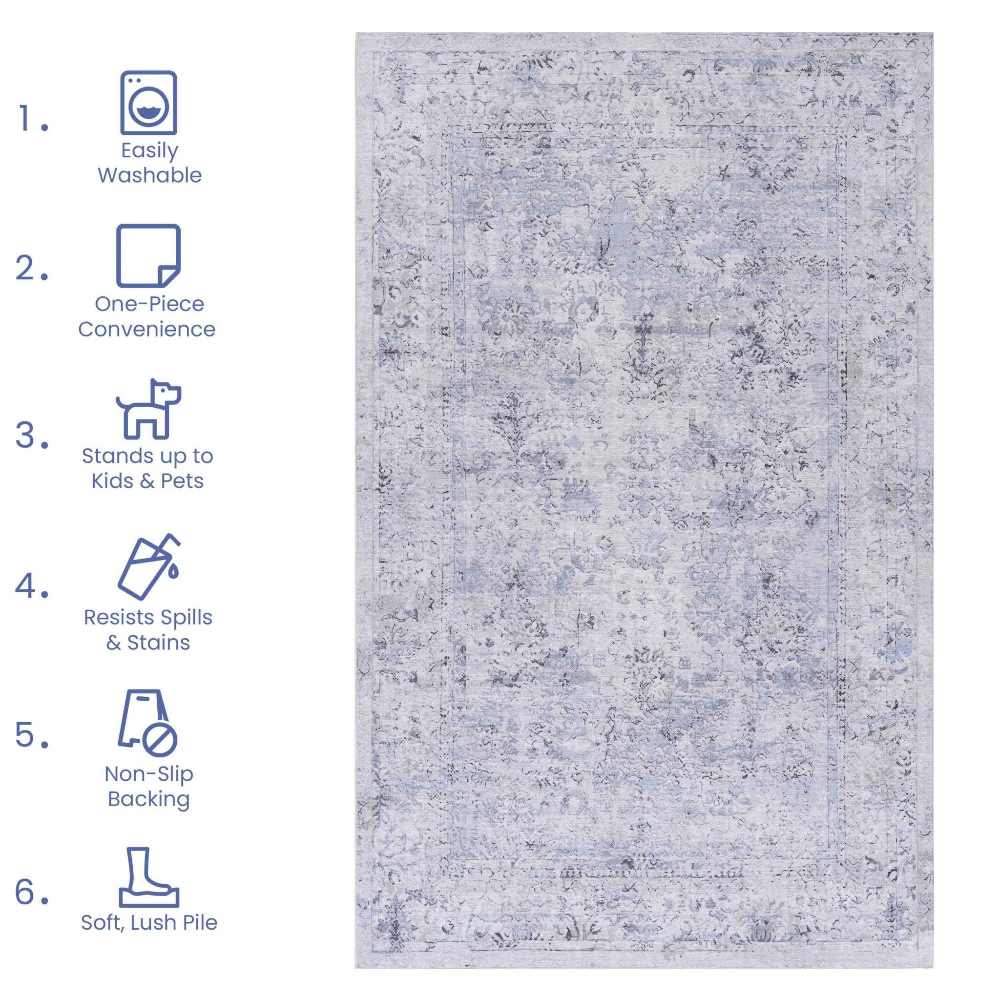 Colca 2'6'' x 10' Blue/Cream Machine Washable Low-Pile, Non-Slip, Non-Shedding, Foldable, Kid & Pet Friendly Area Rug