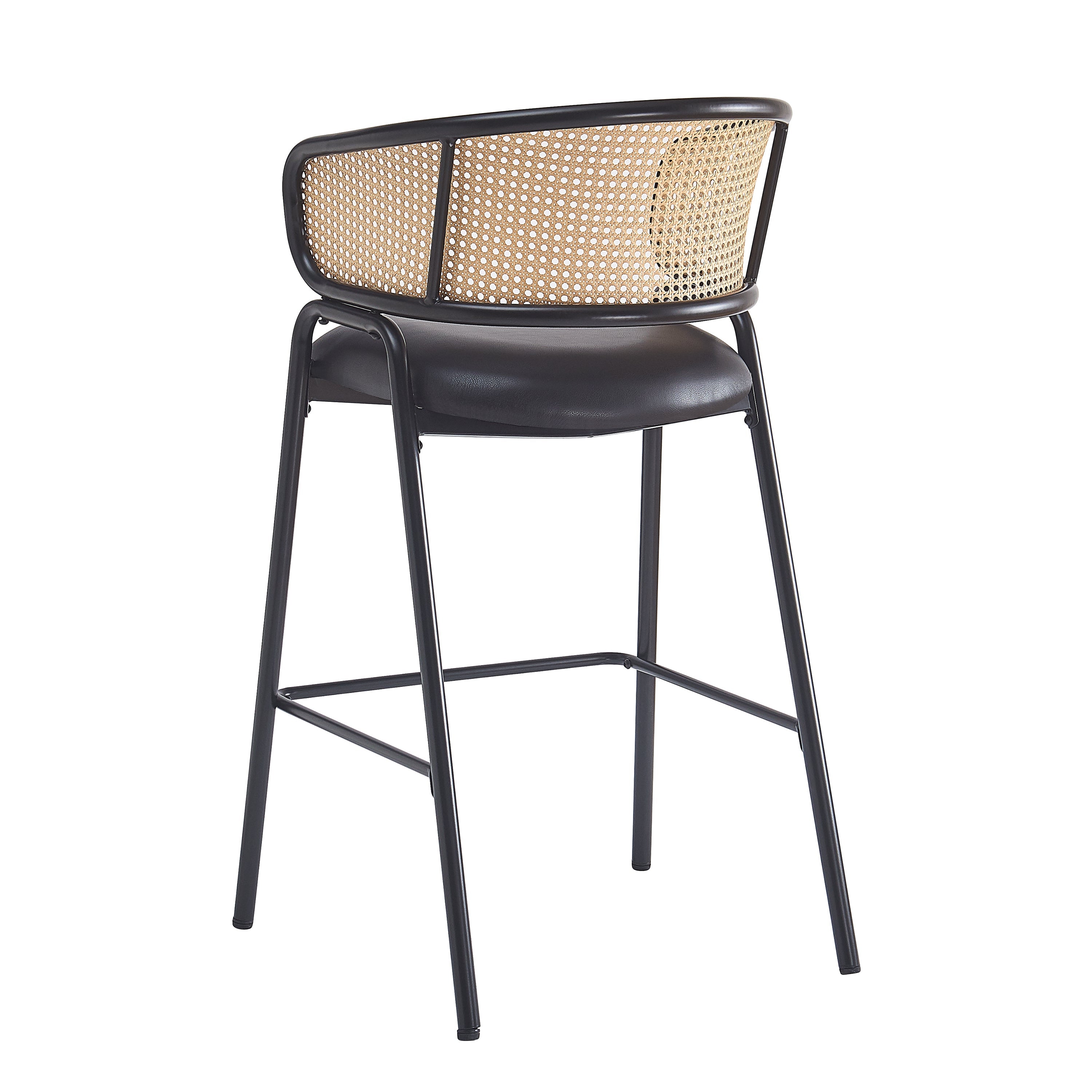 Ethan Indoor Metal Upholstered Barstool, Faux Leather Seat With Wowen Rattan Decorated Backrest, Set of 2