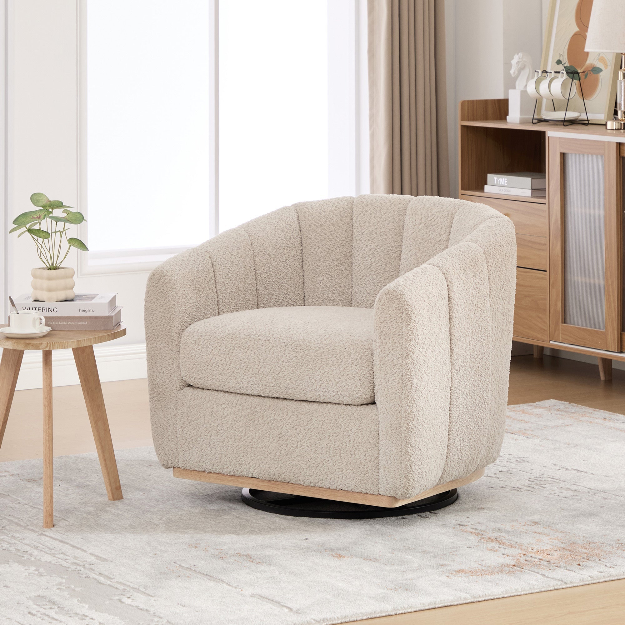 Eaton Wheat Swivel Barrel Chair with Metal Base and Tufted-Chenille Upholstery