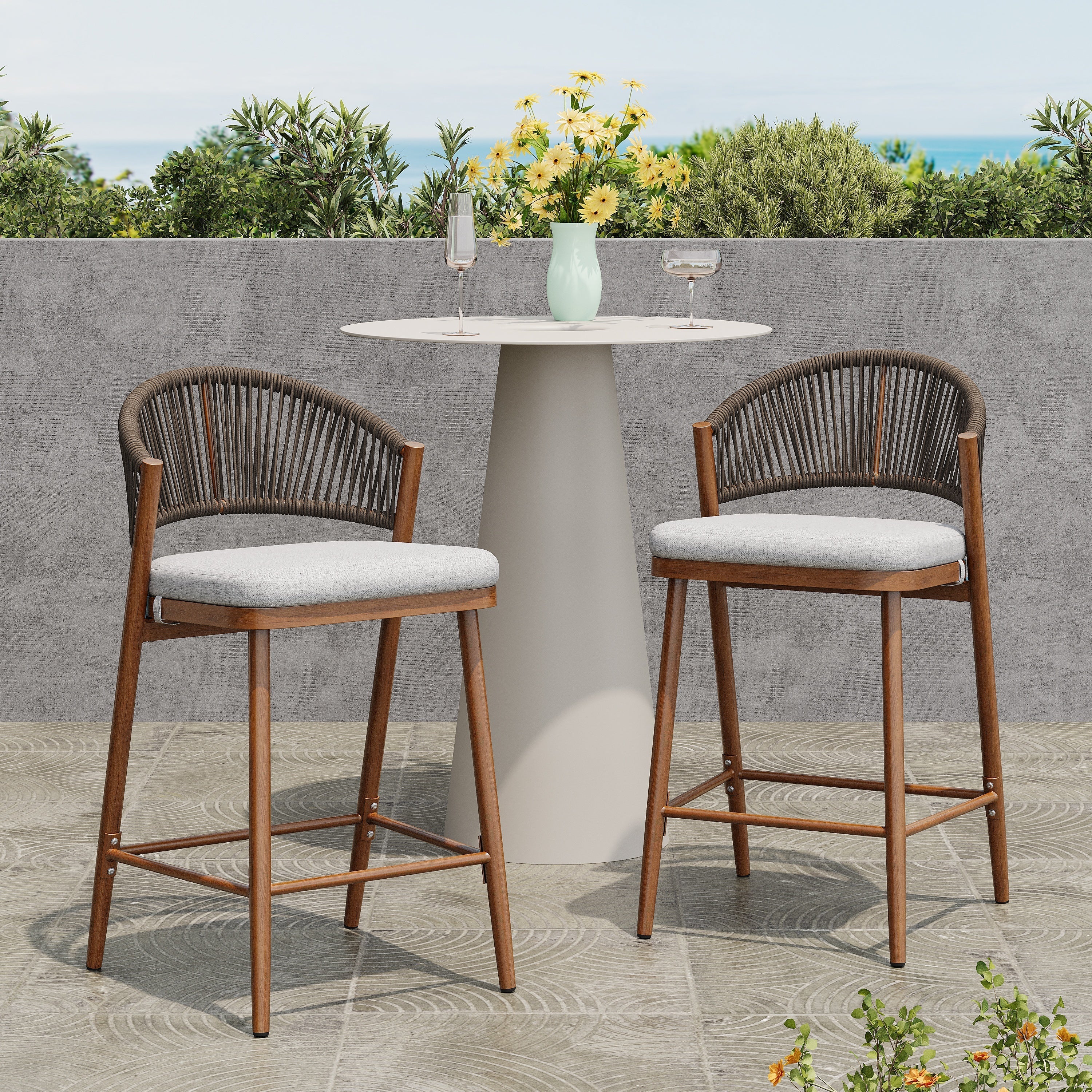 Outdoor Counter Stool Set Water-Resistant Cushions - Teak
