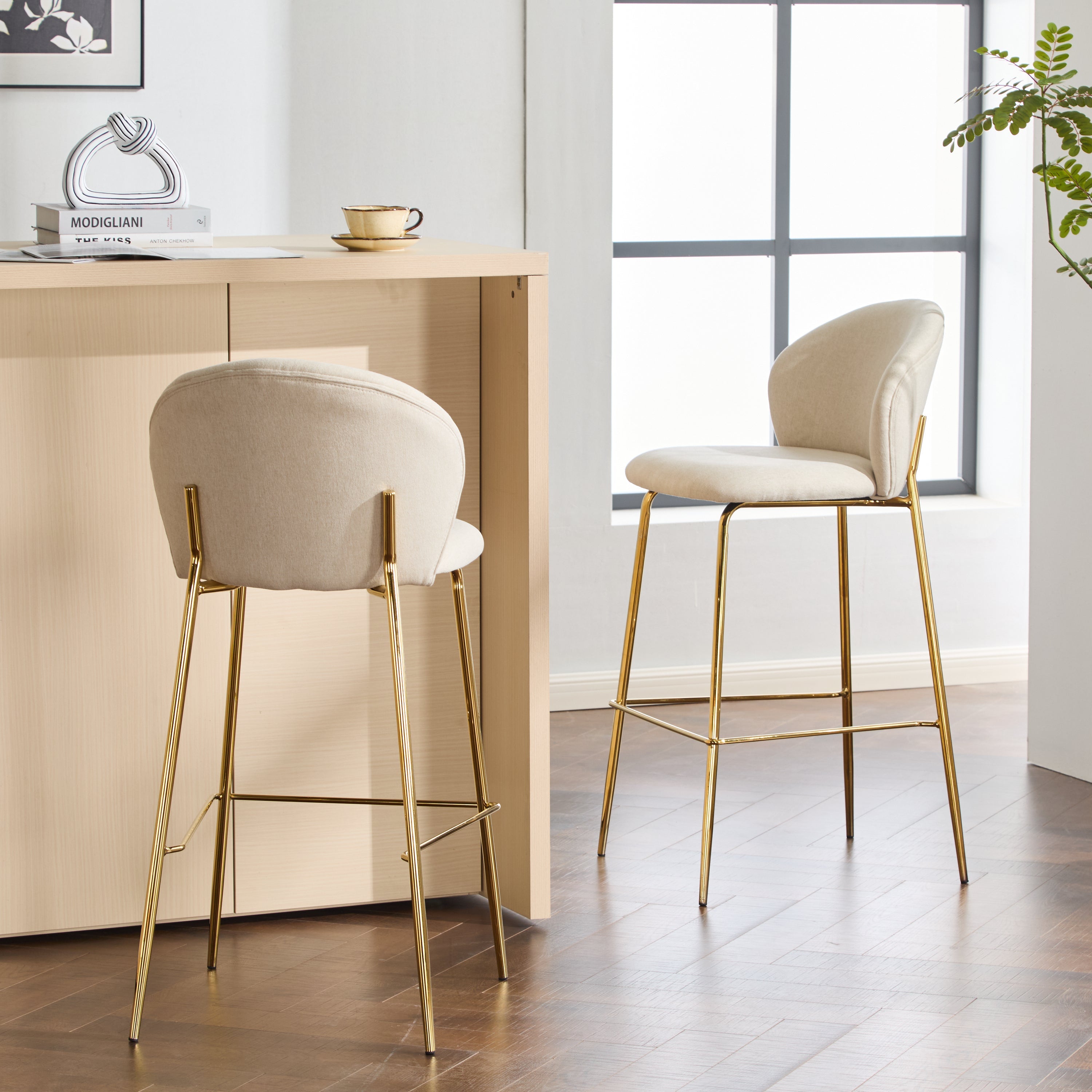 Kira Indoor Upholstered Bar Stool Set of 2, Beige Fabric with Metal Frame and Gilded Legs