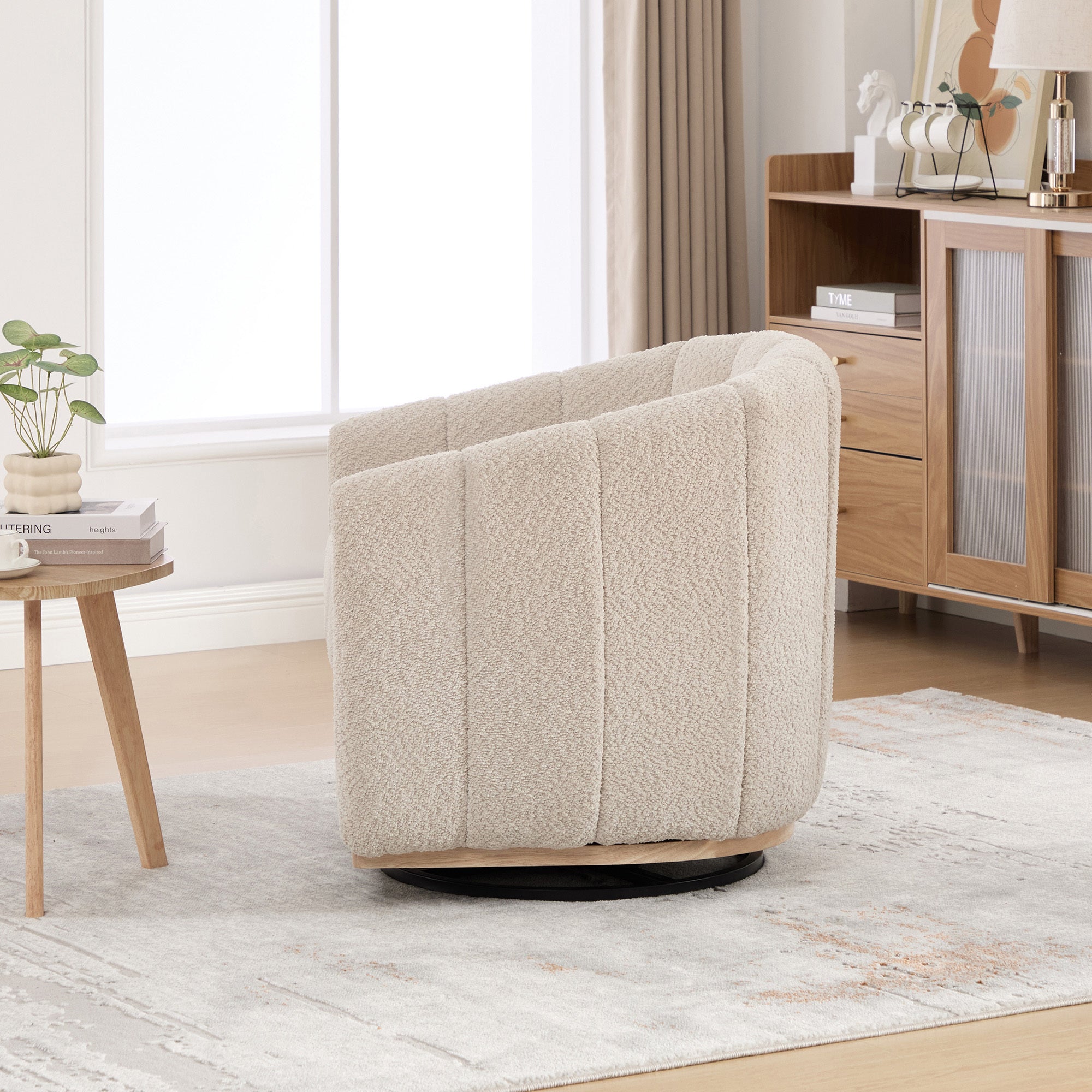 Eaton Wheat Swivel Barrel Chair with Metal Base and Tufted-Chenille Upholstery