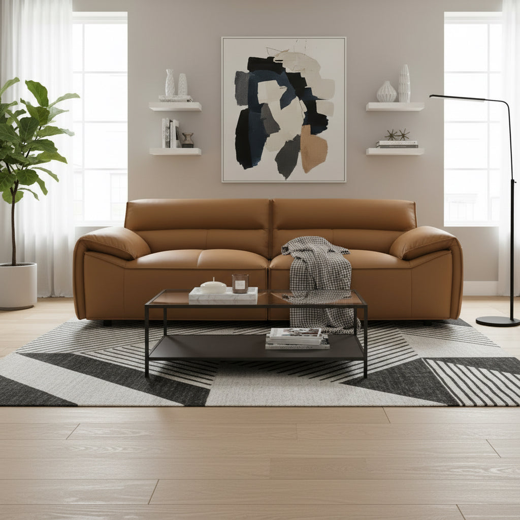 Buxton Orange Top Grain Leather Upholstered Sofa