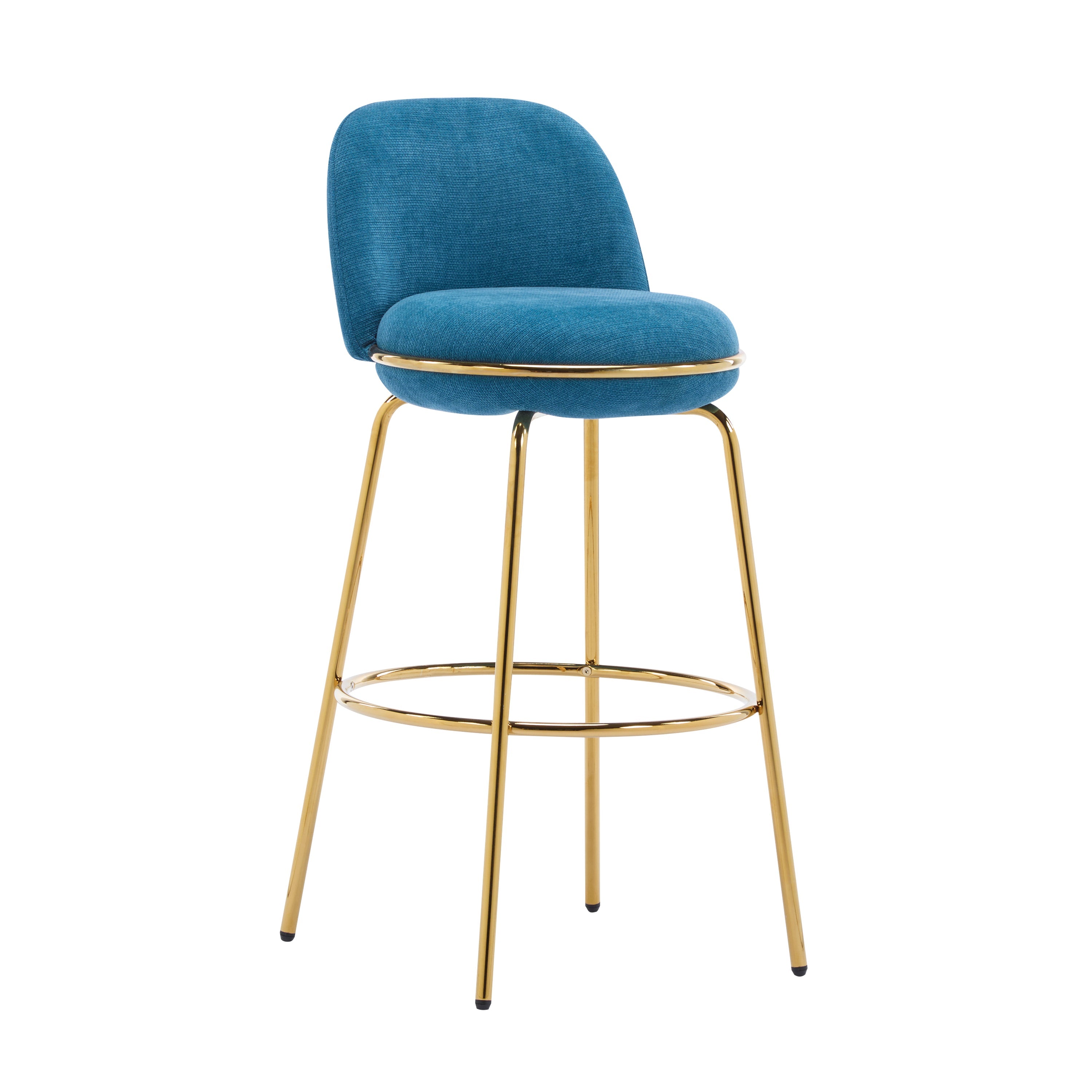 Rio Claro Indoor Metal Upholstered Barstool with Gold Finished Frame and Blue Upholstery, Set of 2