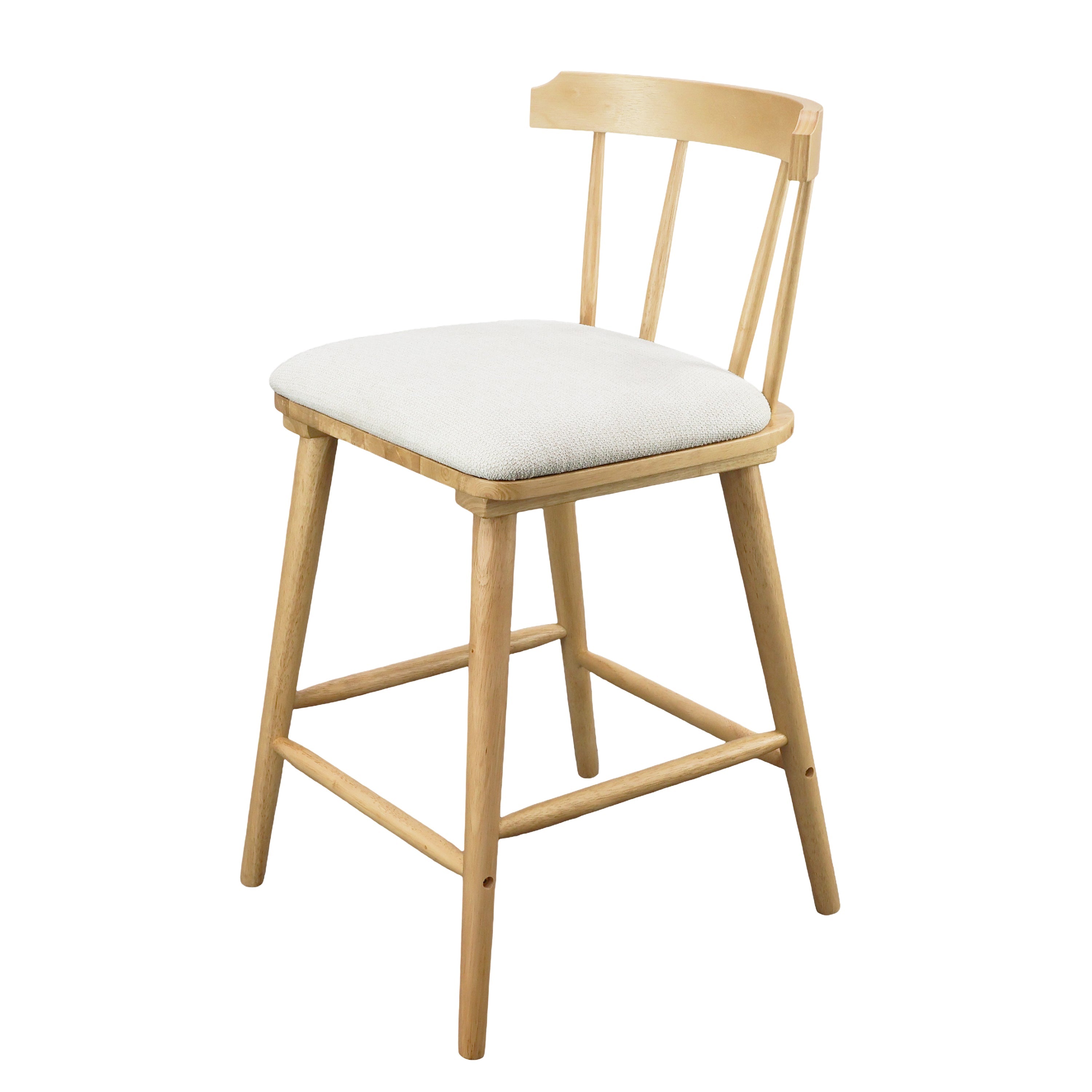 Olivia Indoor Wooden Upholstered Counter Stool, Natural Finish with Beige Upholstery, Windsor Style, Set of 2