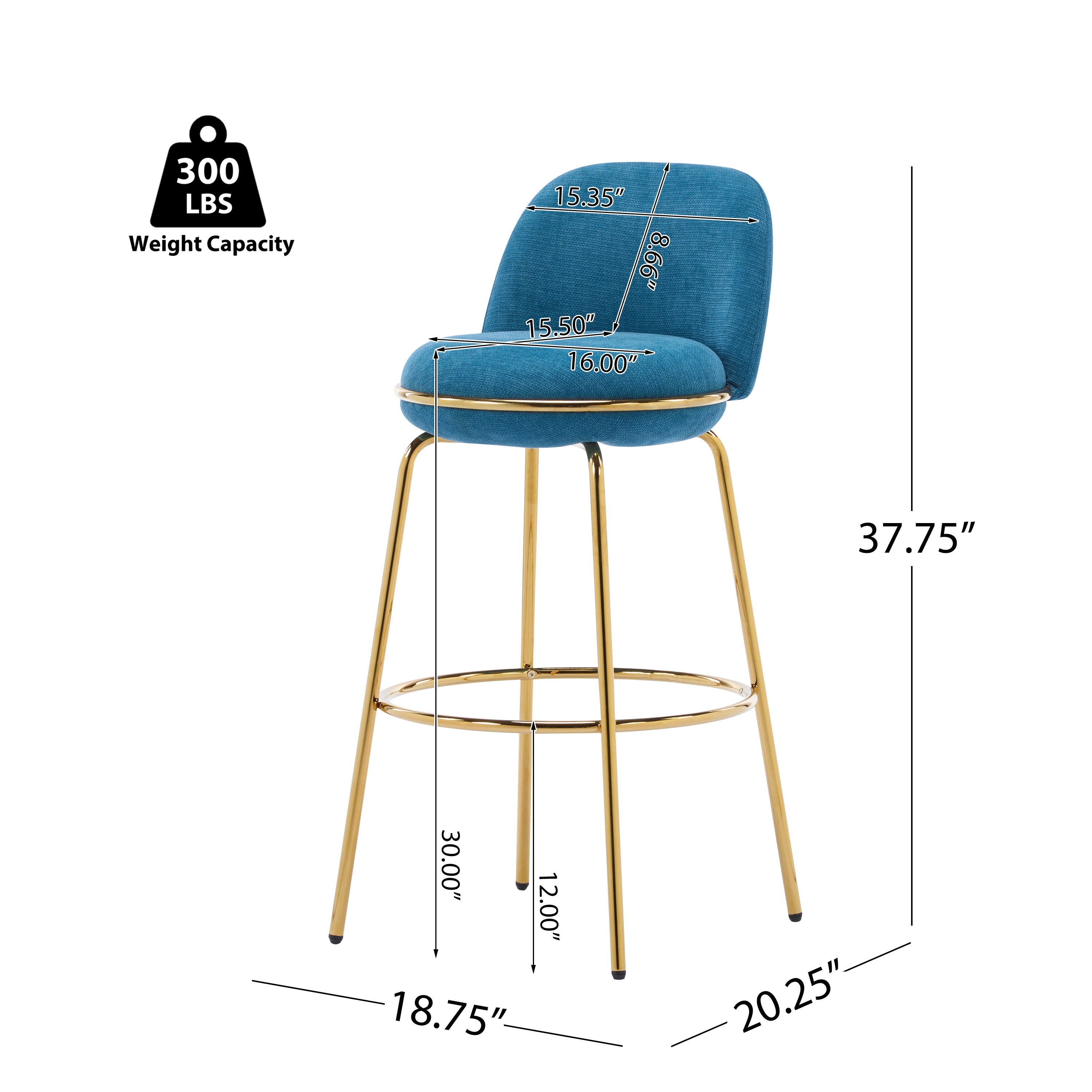 Rio Claro Indoor Metal Upholstered Barstool with Gold Finished Frame and Blue Upholstery, Set of 2