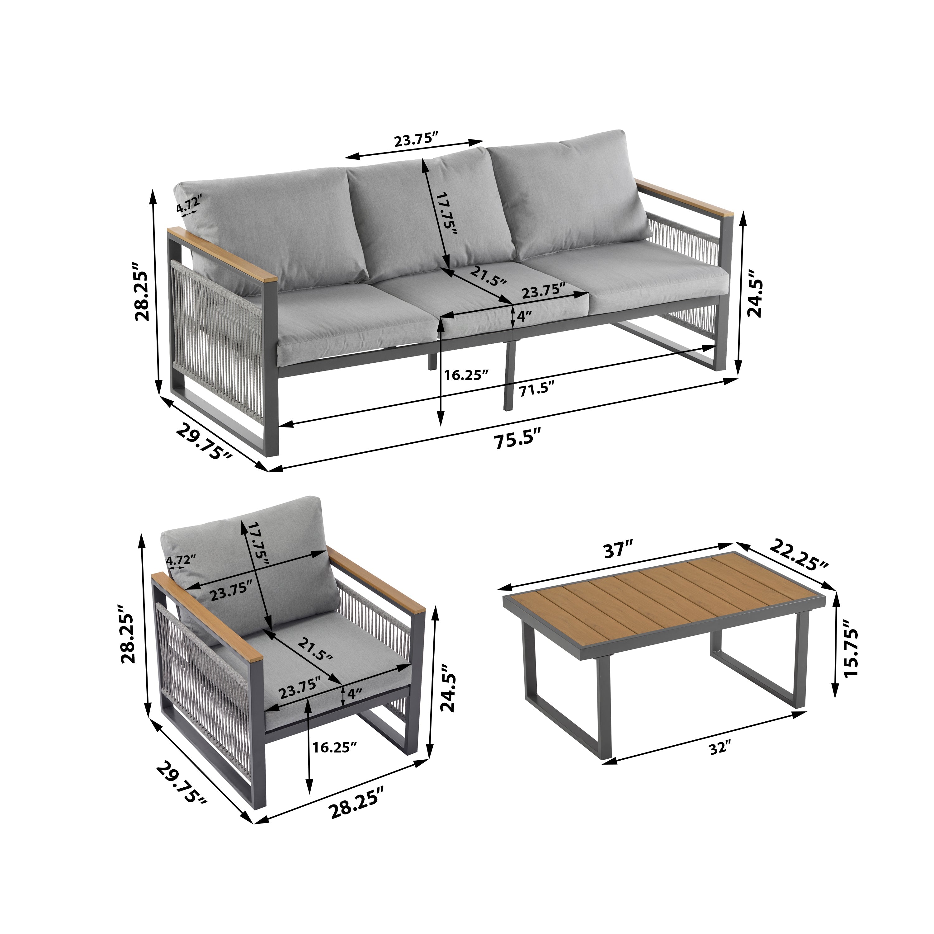 Outdoor Sofa Set Cushioned Seating - Gray