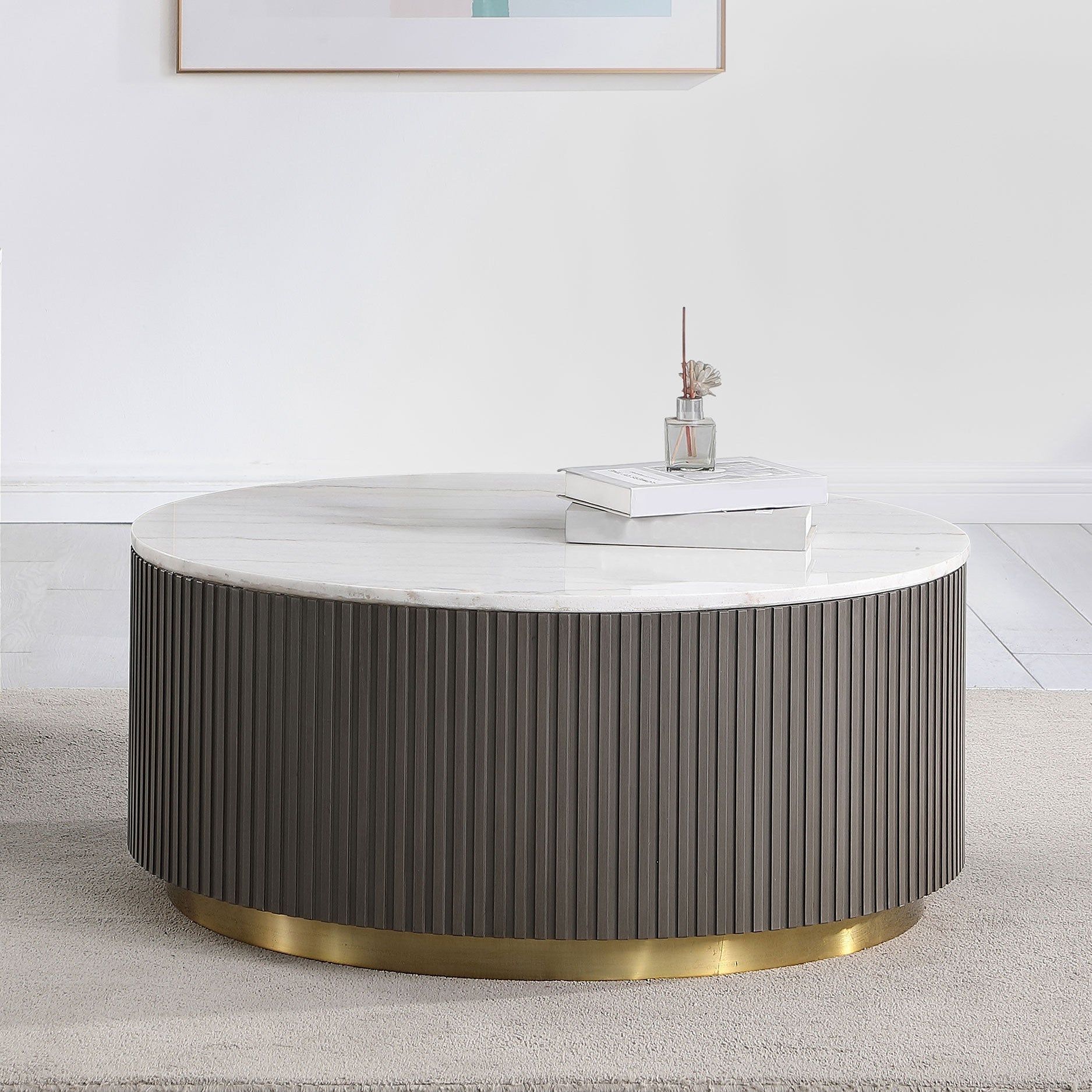 Jason Round Marble Top Coffee Table White and Charcoal