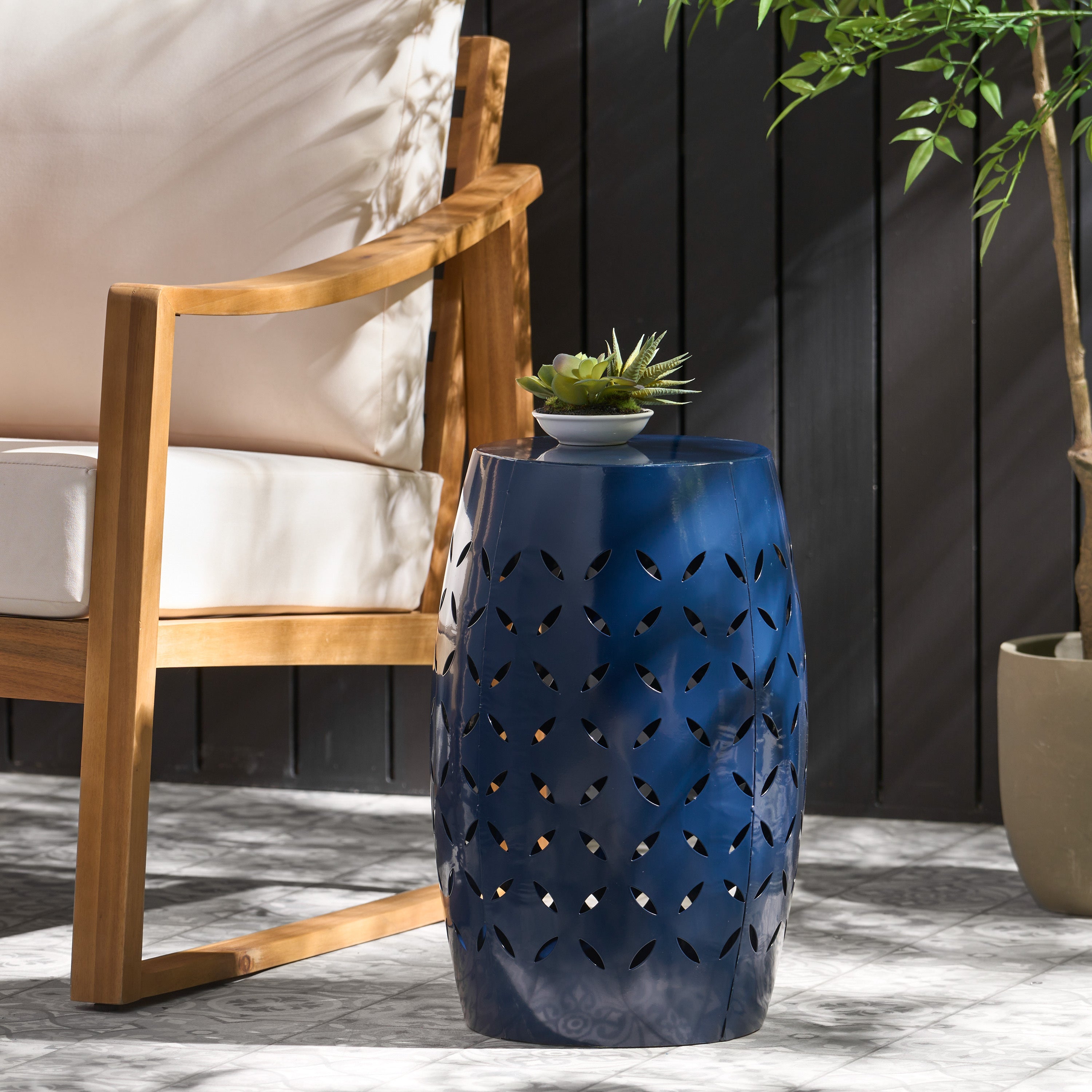 Lace-Cut Outdoor Side Table Patio Accent - Navy Blue