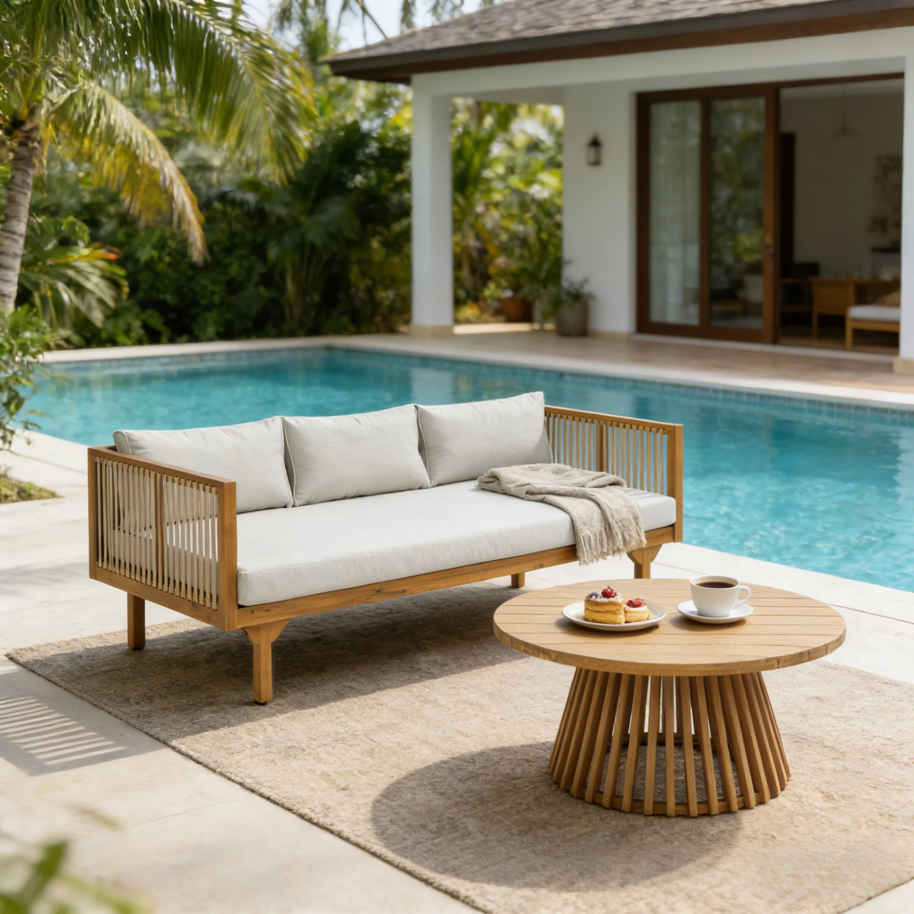 Outdoor Coffee Table Water-Resistant Cushions - Light Brown