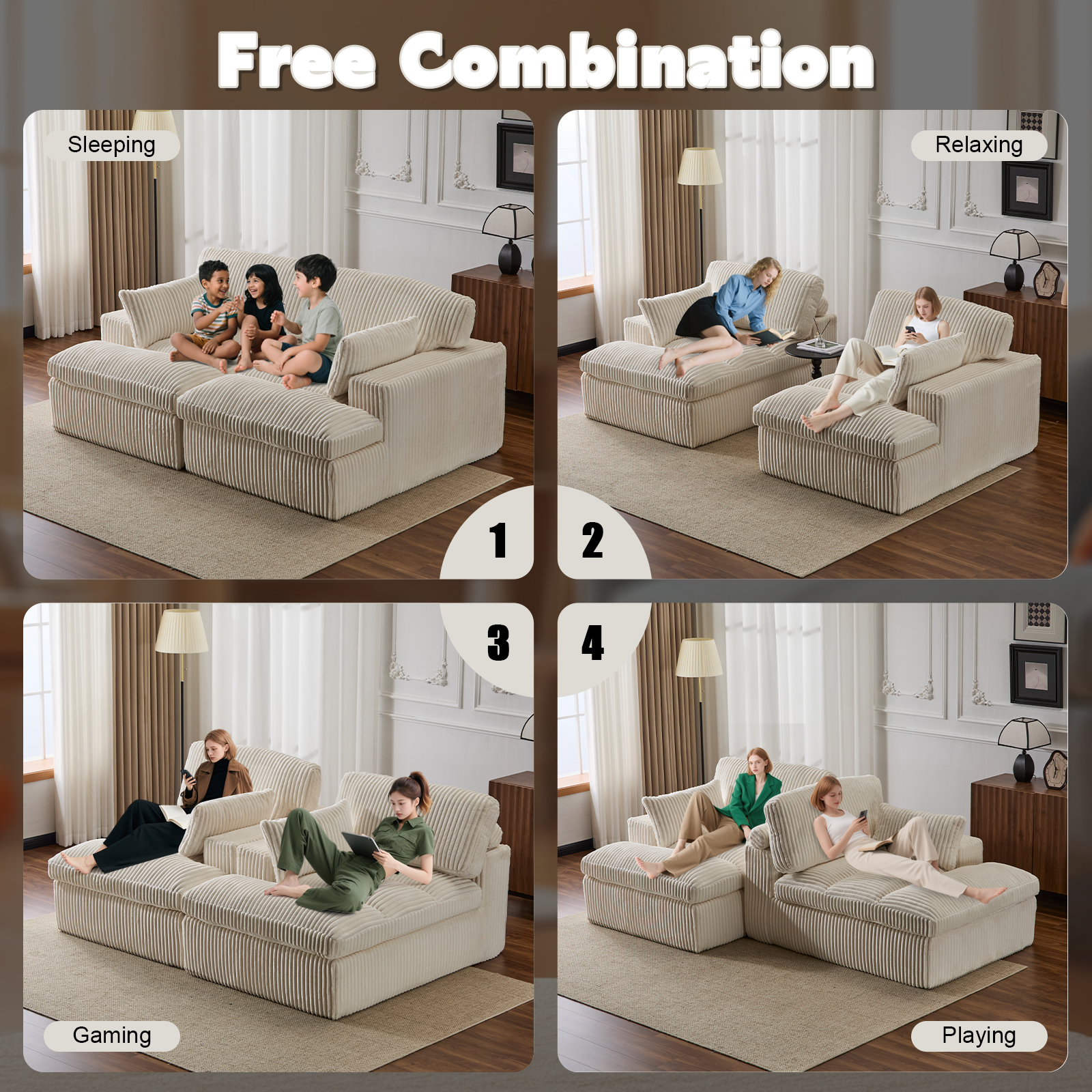 Erwin Double Chaise Modular Sectional Sofa with Corduroy Upholstery