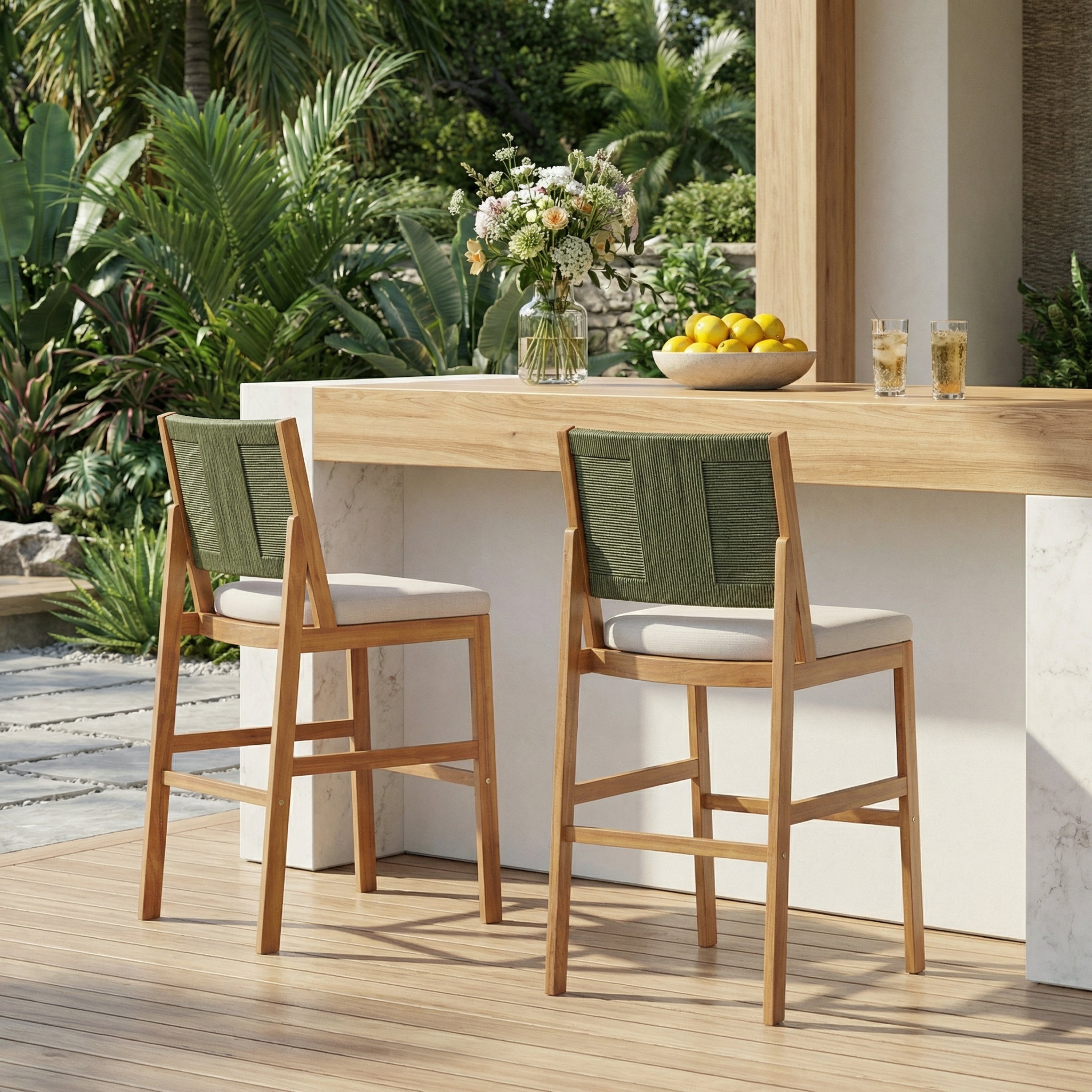 Outdoor Bar Stool Cushioned Seating Set of 2 - Teak