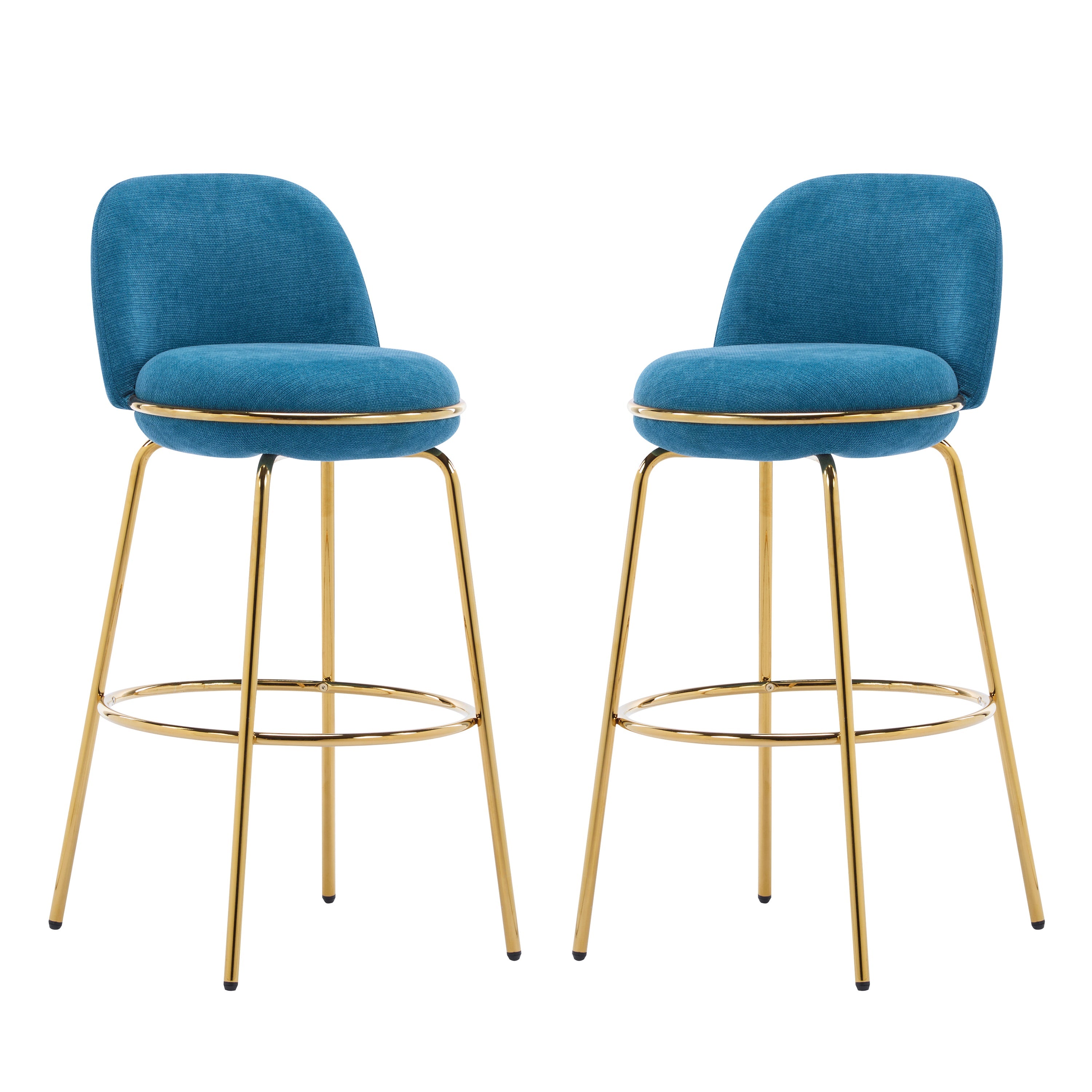Rio Claro Indoor Metal Upholstered Barstool with Gold Finished Frame and Blue Upholstery, Set of 2